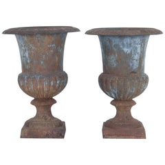 1920s French Cast Iron Urns, a Pair
