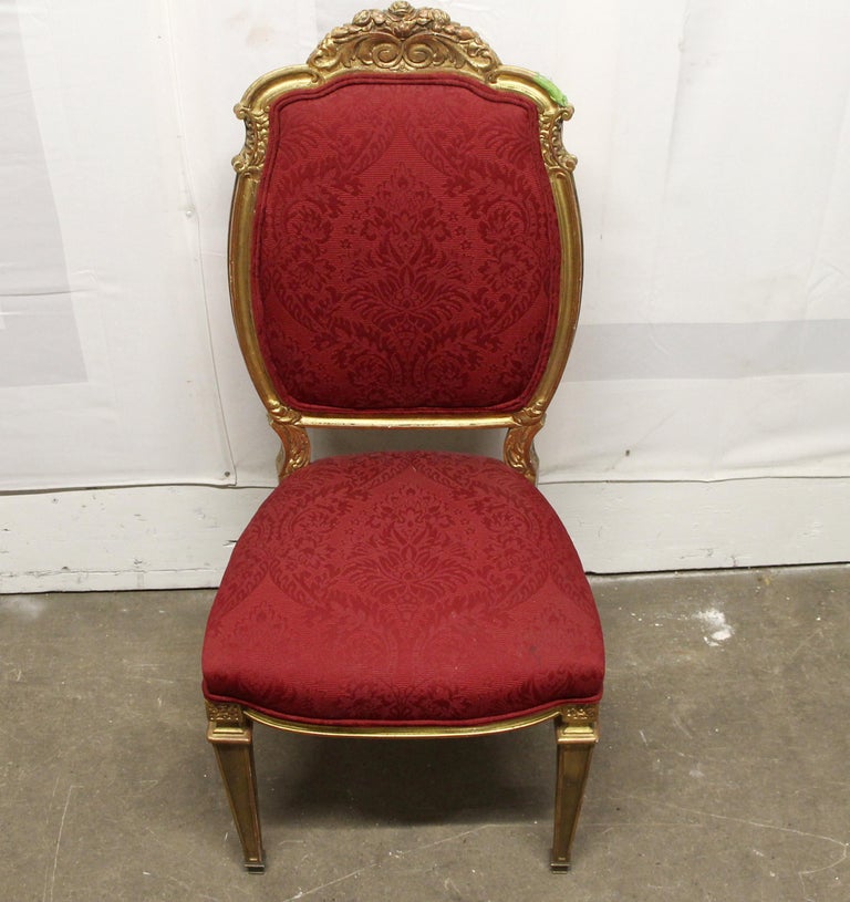 1920s French Chair with Gilded Carved Wood Frame and Red Floral Upholstery For Sale at 1stDibs