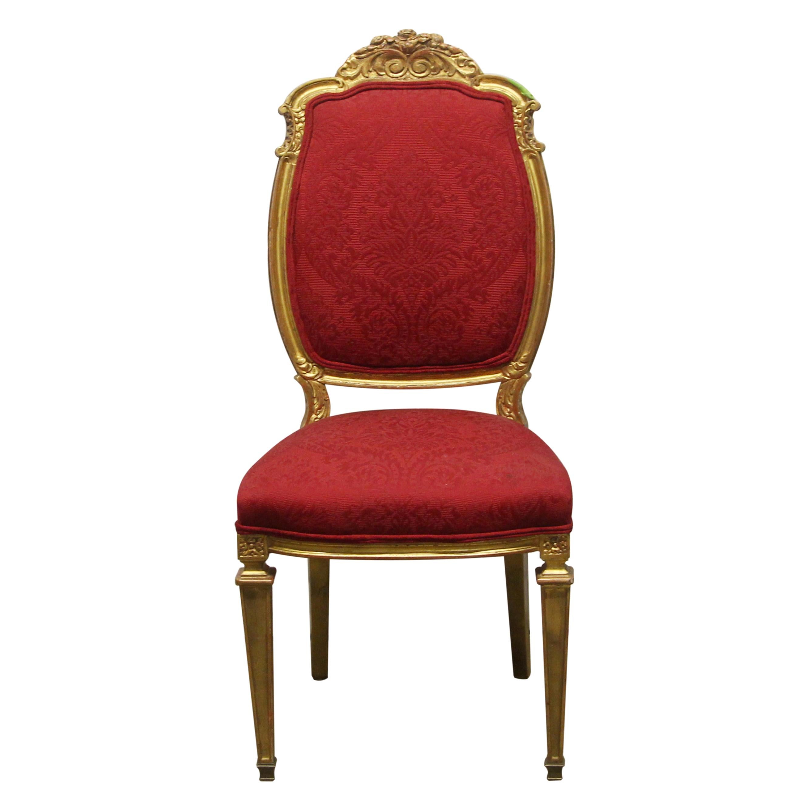 1920s French Chair Gilded Carved Wood Frame Red Floral Upholstery