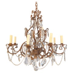 1920s French Chandelier, Gilt Metal Frame, Crystal Accents, 8 Lights