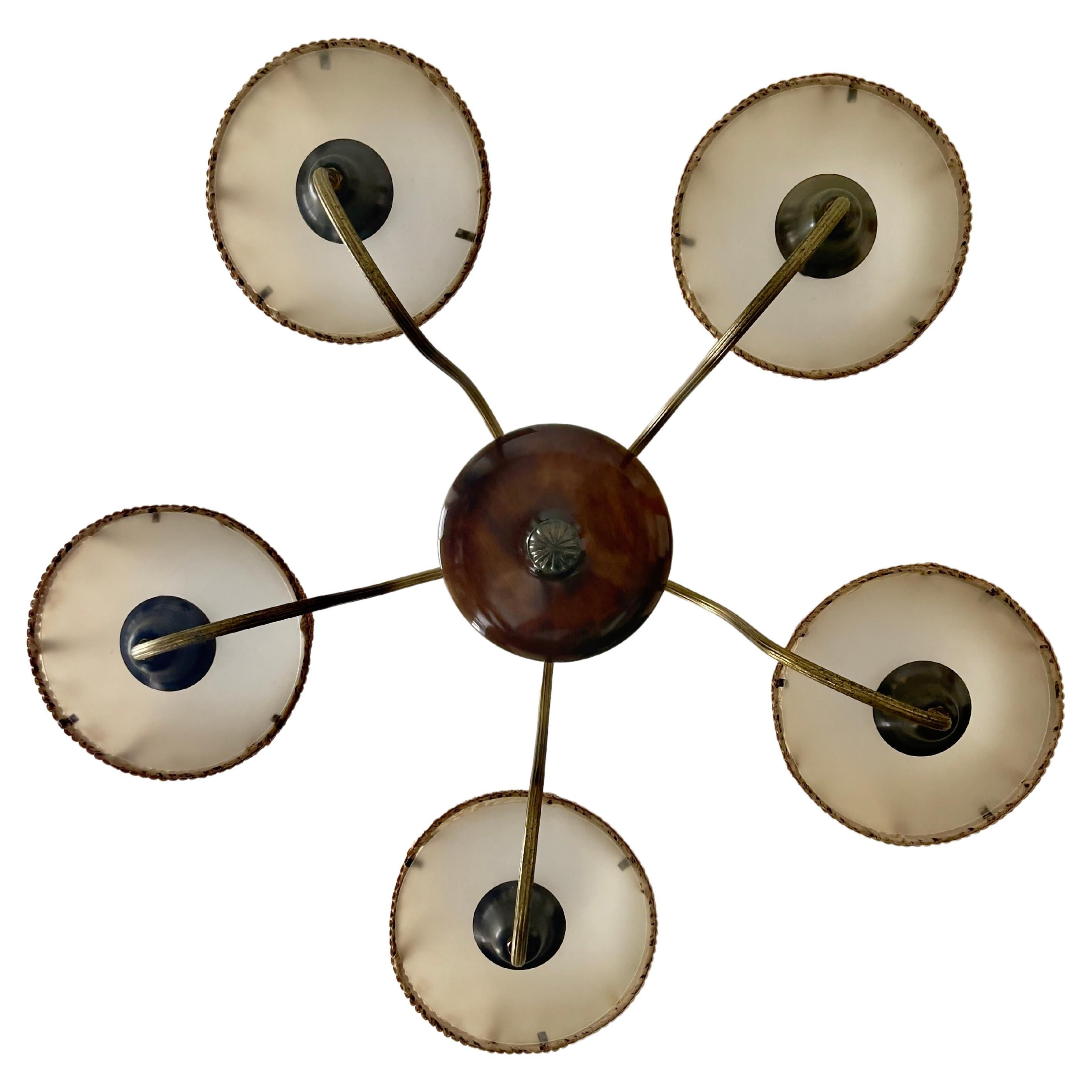 1920s French Chandelier in lacquered wood, bronze, brass and frosted glass. For Sale 1