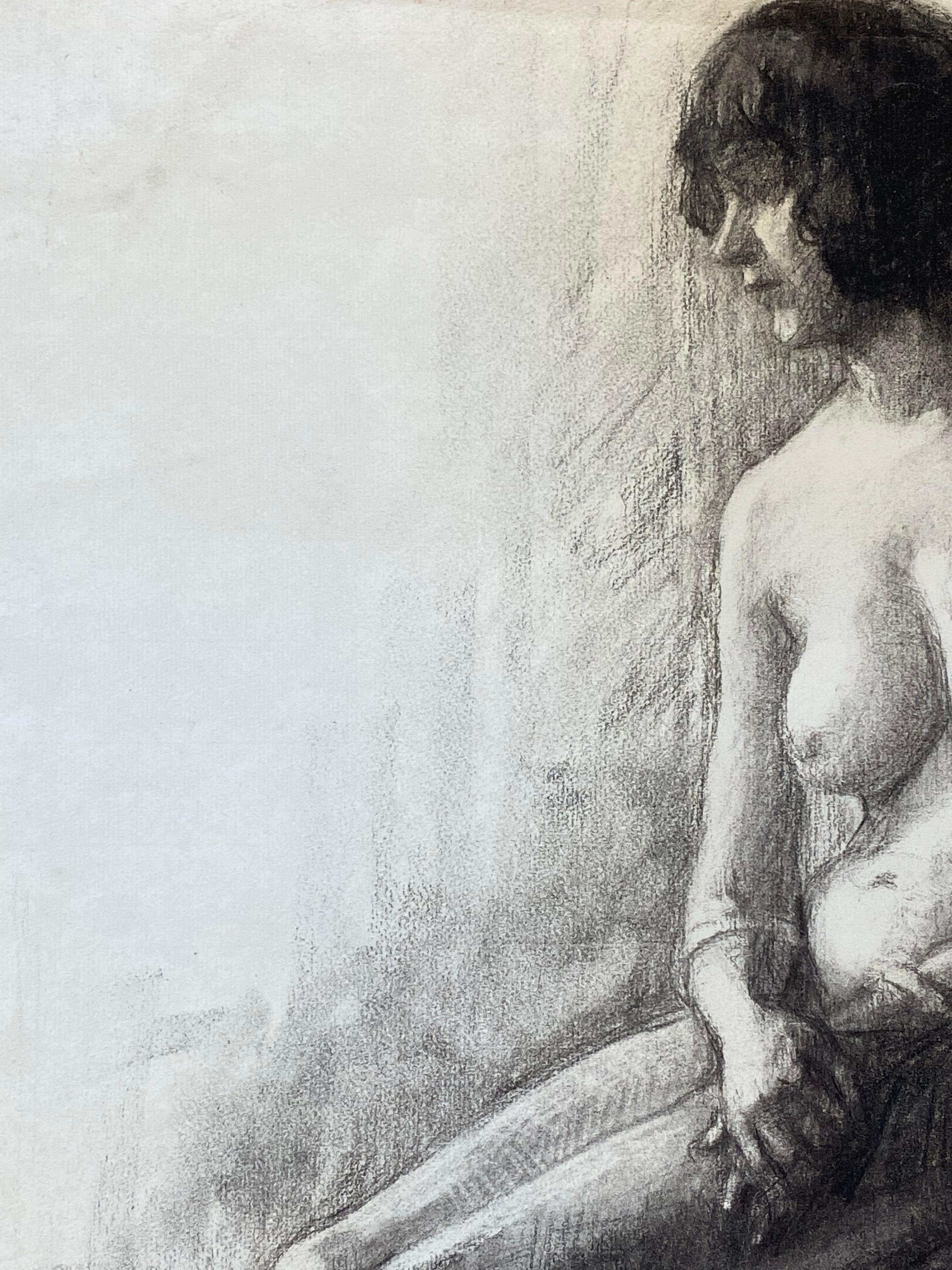 1920's French Charcoal Sketch of Seated Nude Lady the Artists Model In Good Condition For Sale In Cirencester, GB