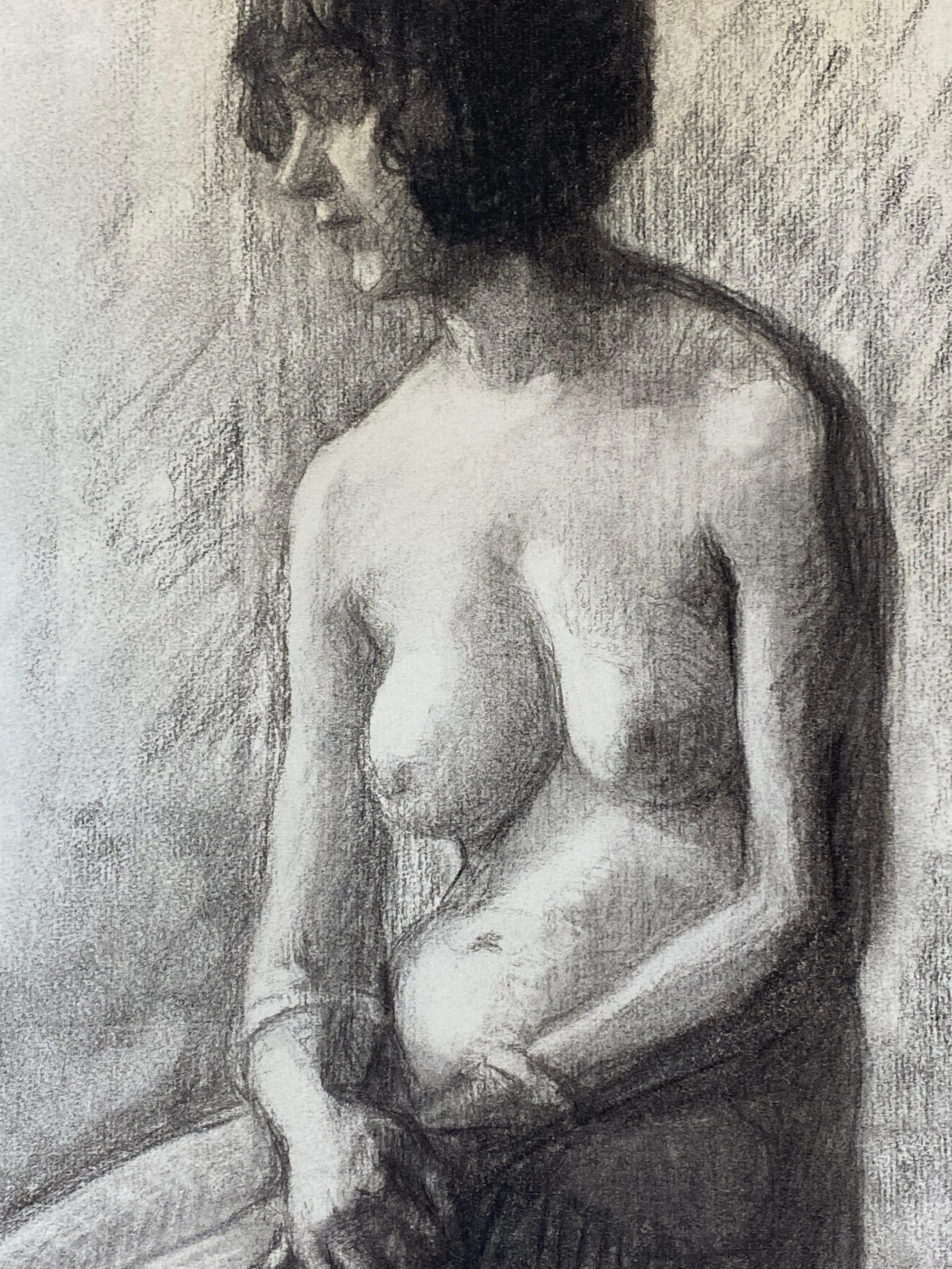 20ième siècle Croquis au fusain français des années 1920 d'une femme nue assise, modèle d'artiste en vente