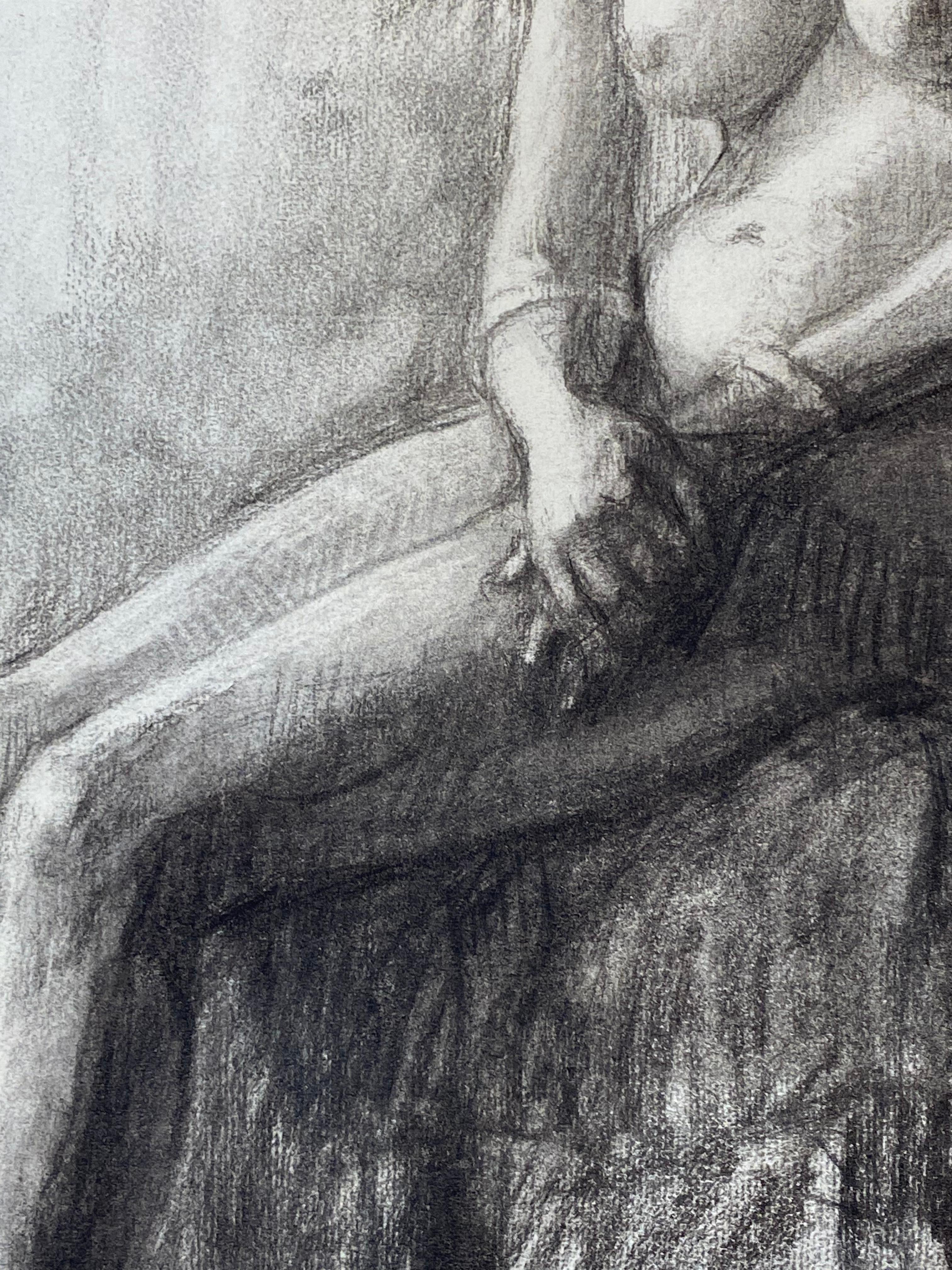Croquis au fusain français des années 1920 d'une femme nue assise, modèle d'artiste en vente 3