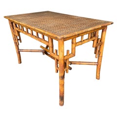 1920s French Chinoiserie Bamboo Table with Orignal Rattan Woven Top