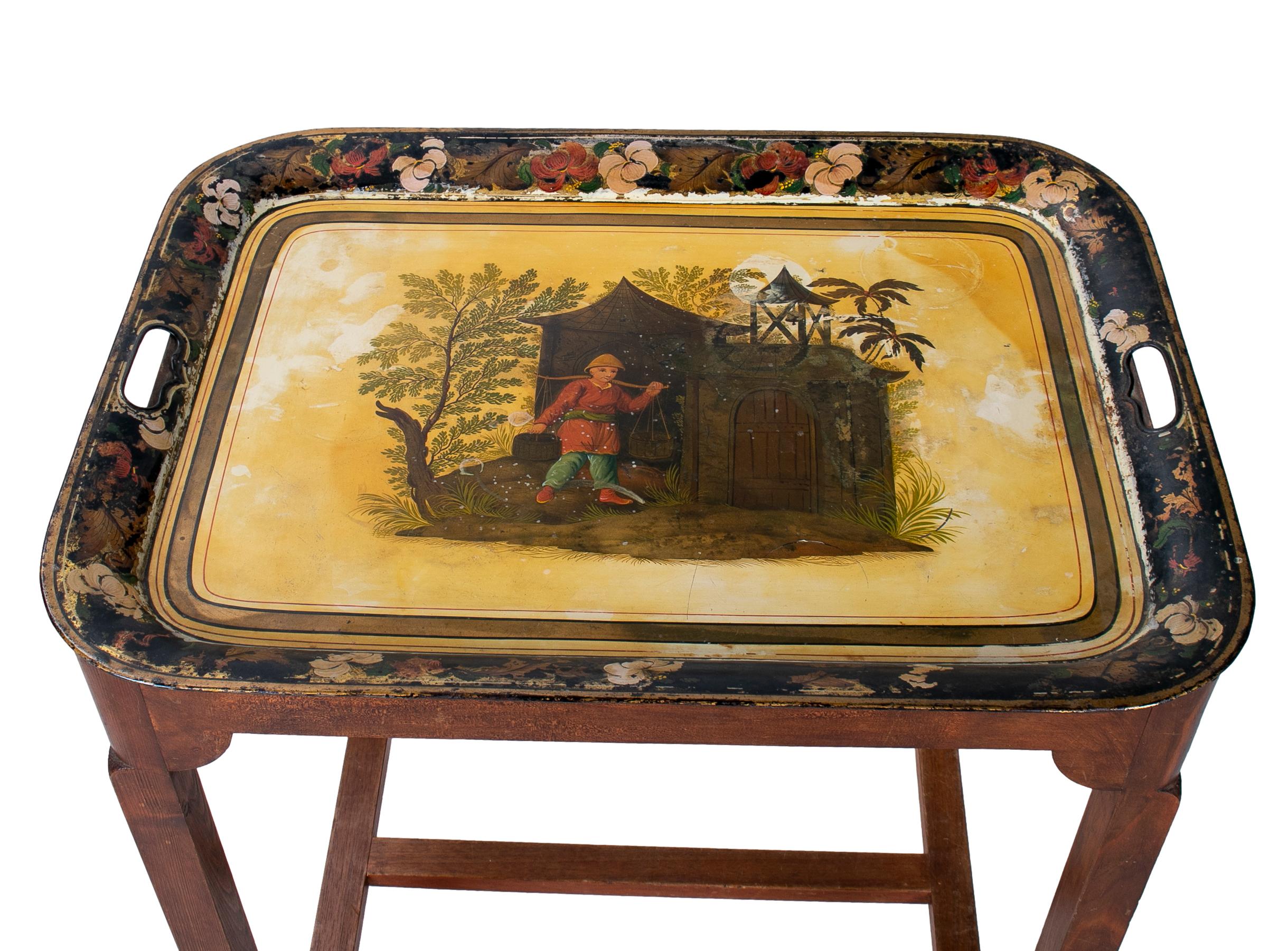 1920s French Chinoiserie Metallic Tray w/ Wooden Stand Table For Sale 7