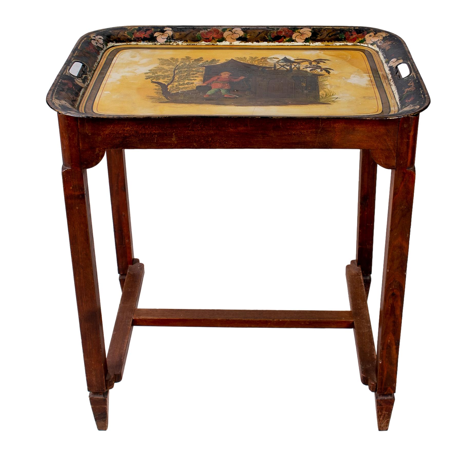 1920s French Chinoiserie style metallic tray with wooden stand table.