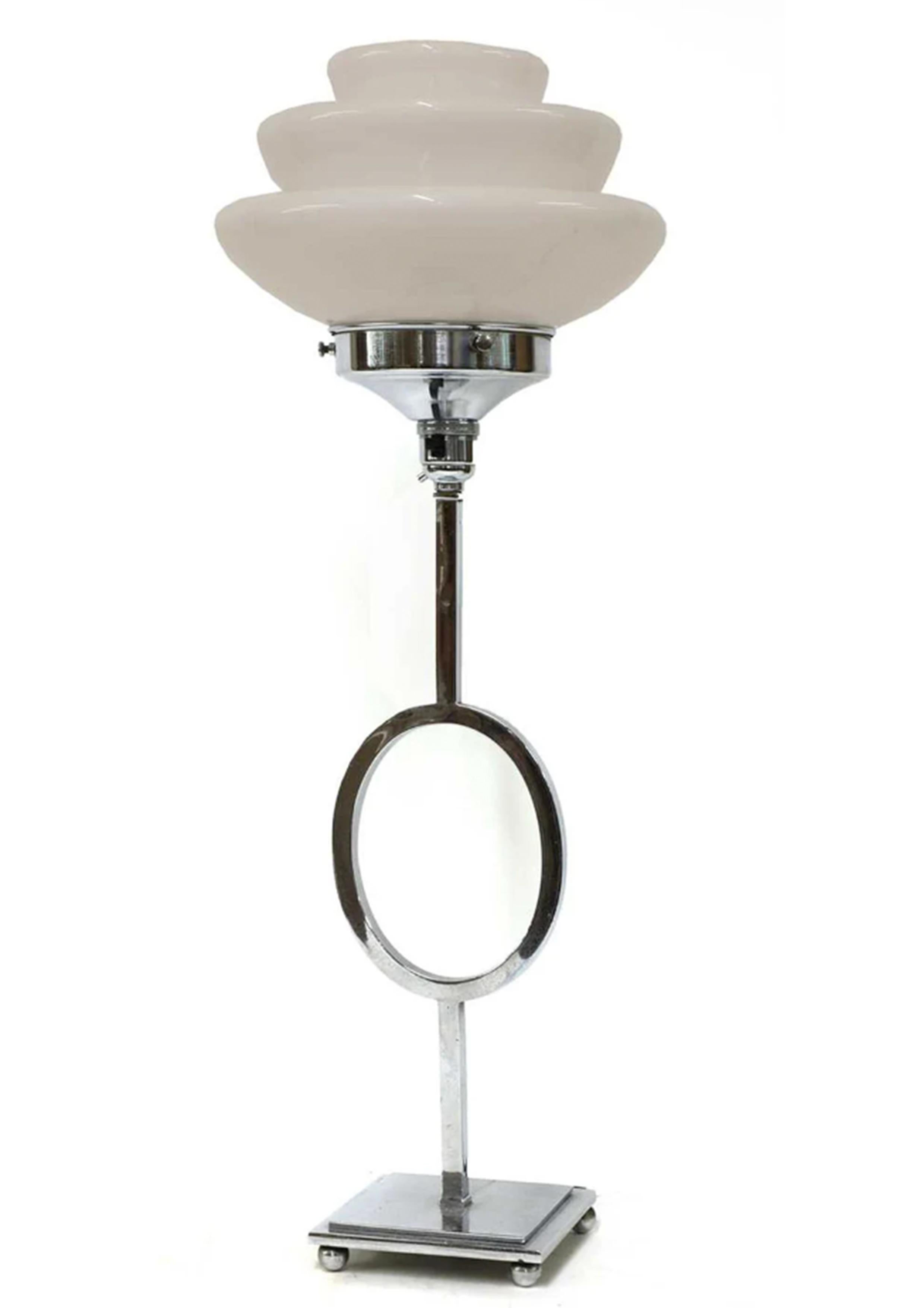Art Deco Chrome And Milky Opaline Tiered Table Lamp 1920's, with a Central Hoop To The Column, Nickel Plated Base.

Provenance: The Lawrie Gatehouse Collection, a collector of fine Art Deco furniture and interior decor

- Wonderful Art Deco