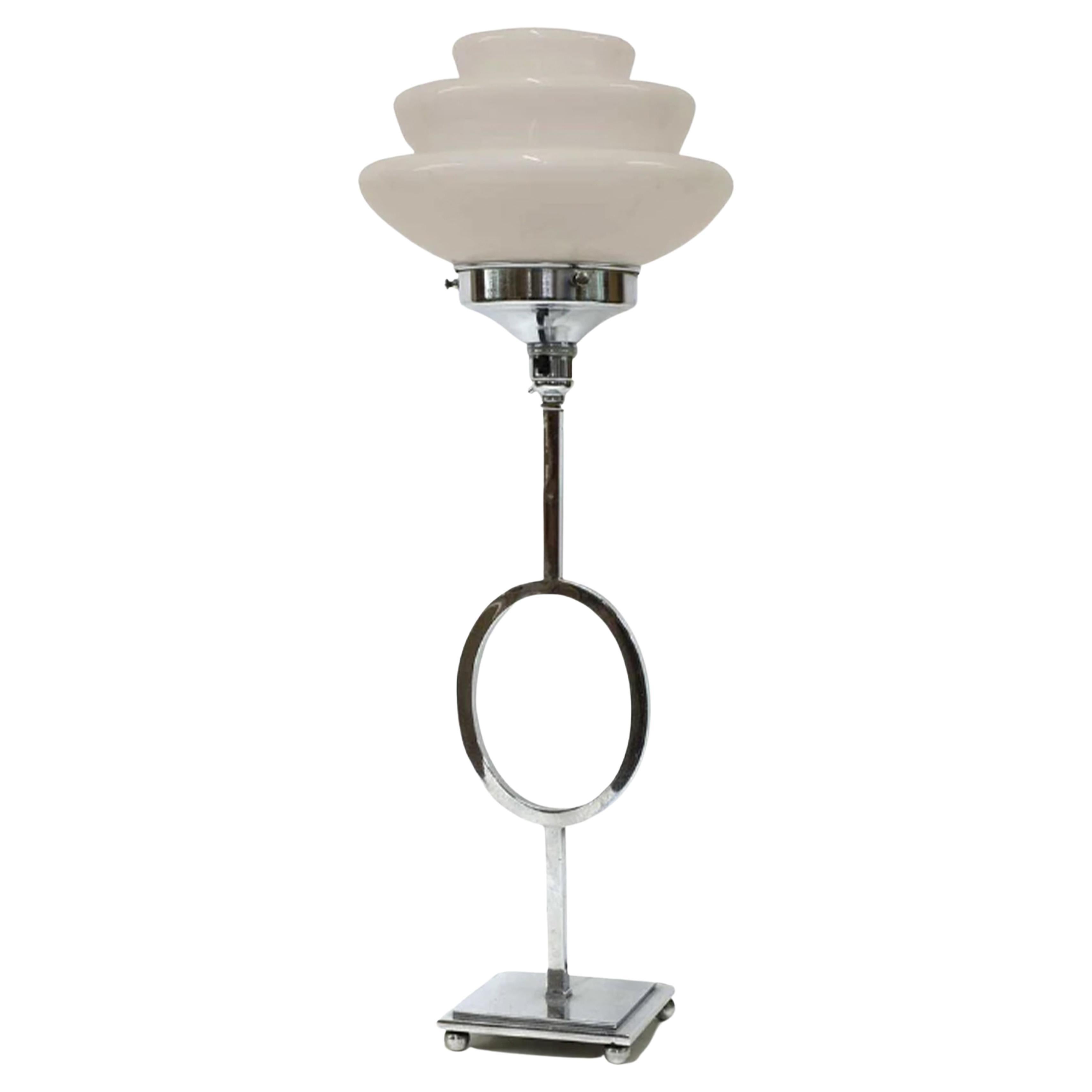1920's French, Chrome And Milky Opaline Tiered Table Lamp