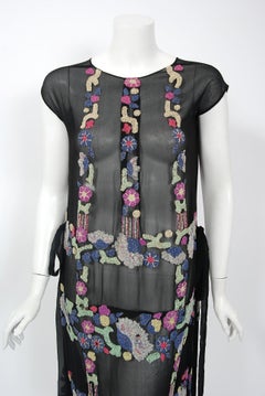 Vintage 1920's French Couture Beaded Deco Floral Silk Drop-Waist Flapper Dress
