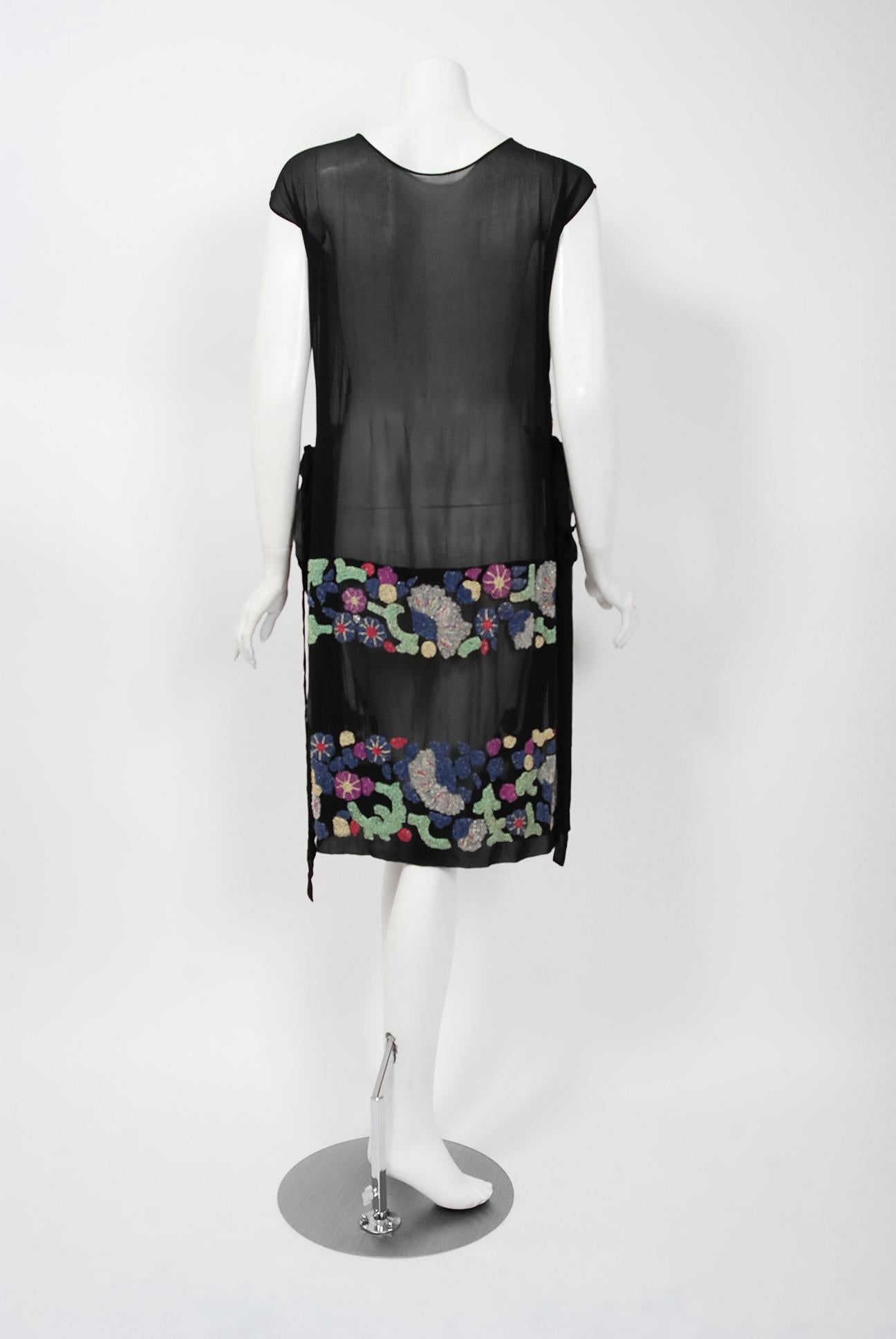 Vintage 1920's French Couture Beaded Deco Floral Silk Drop-Waist Flapper Dress 1