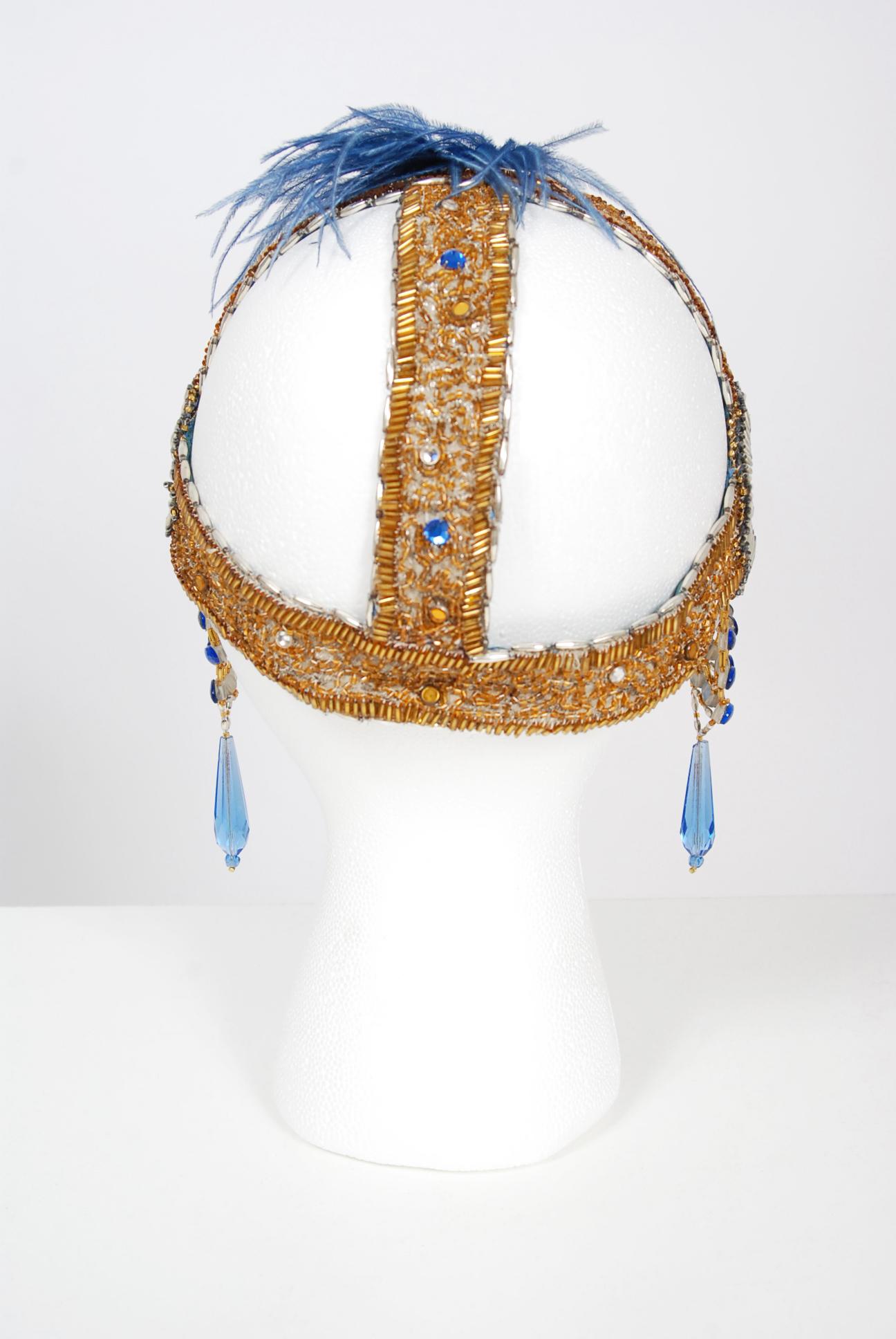 Vintage 1920's French Couture Gold Beaded Blue Jeweled Flapper Crown Headpiece  2