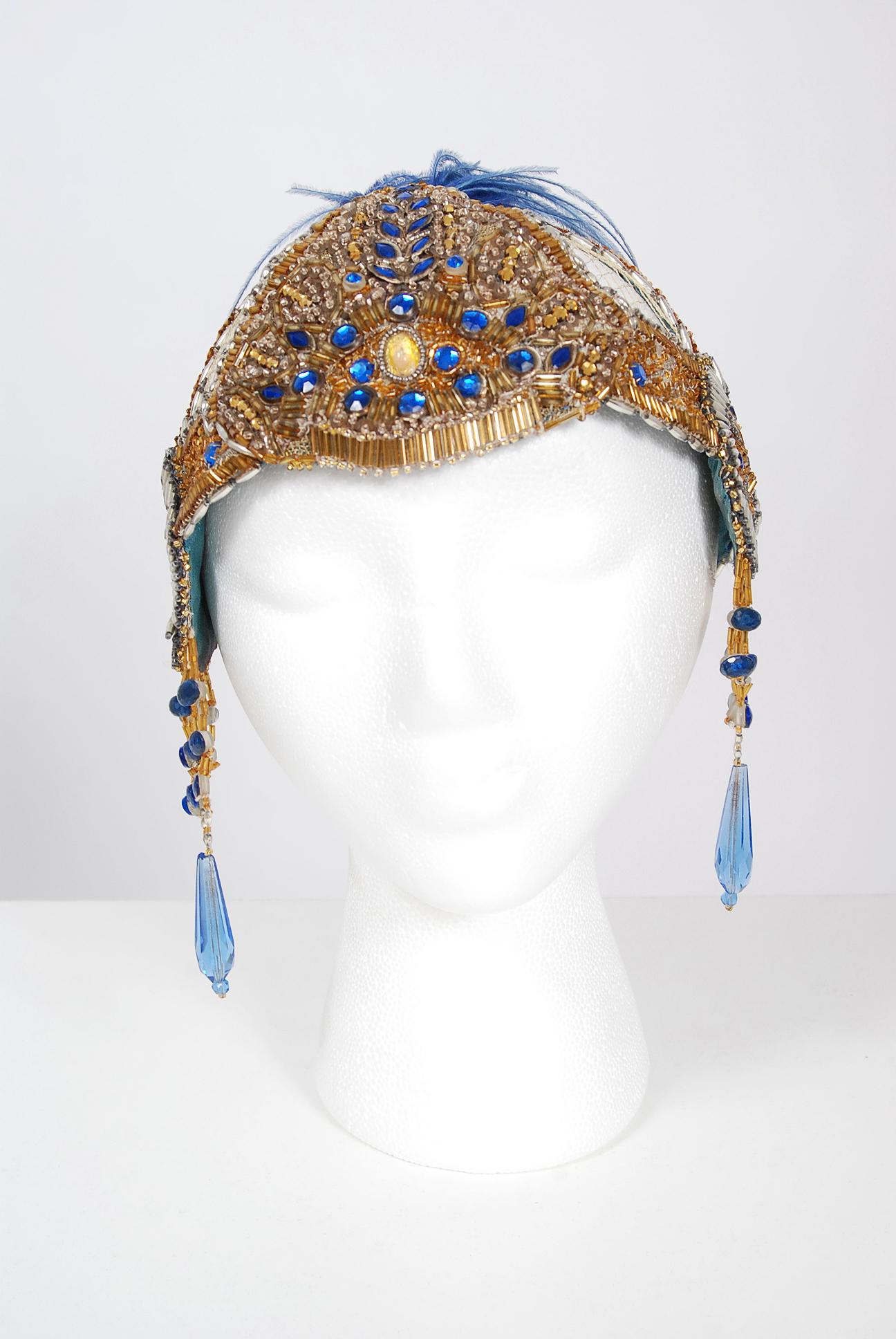 Beige Vintage 1920's French Couture Gold Beaded Blue Jeweled Flapper Crown Headpiece 