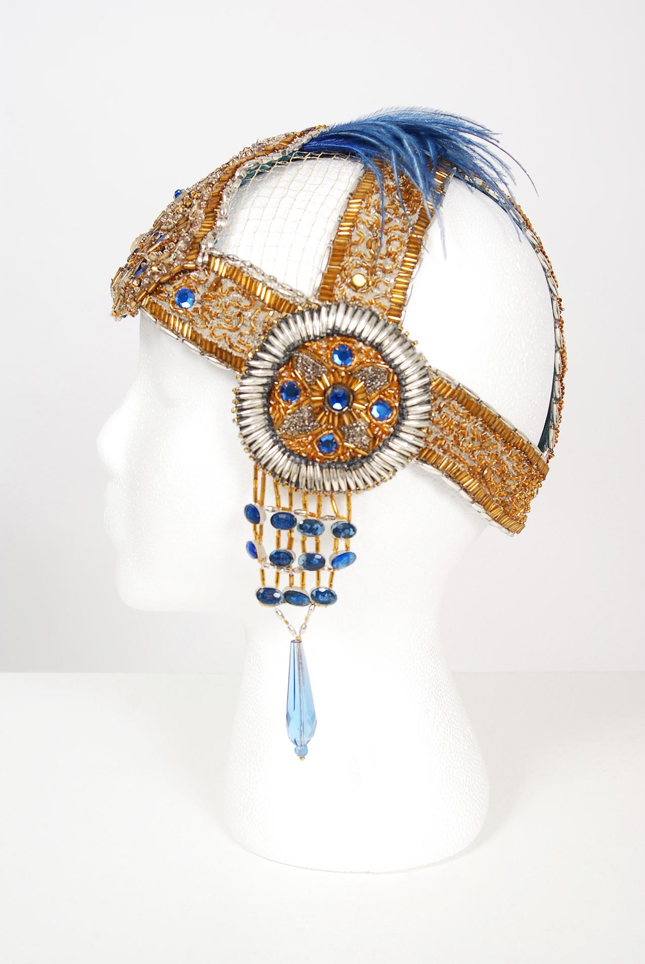 Vintage 1920's French Couture Gold Beaded Blue Jeweled Flapper Crown Headpiece  In Good Condition In Beverly Hills, CA