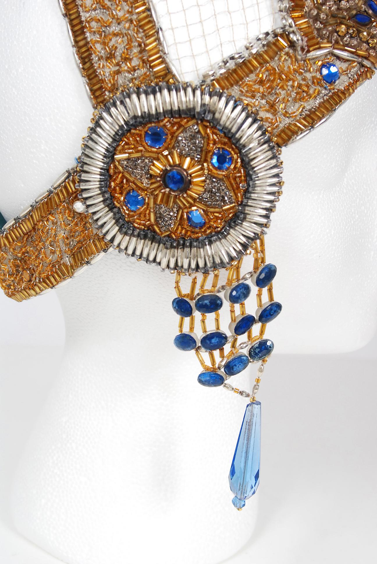 Women's Vintage 1920's French Couture Gold Beaded Blue Jeweled Flapper Crown Headpiece 