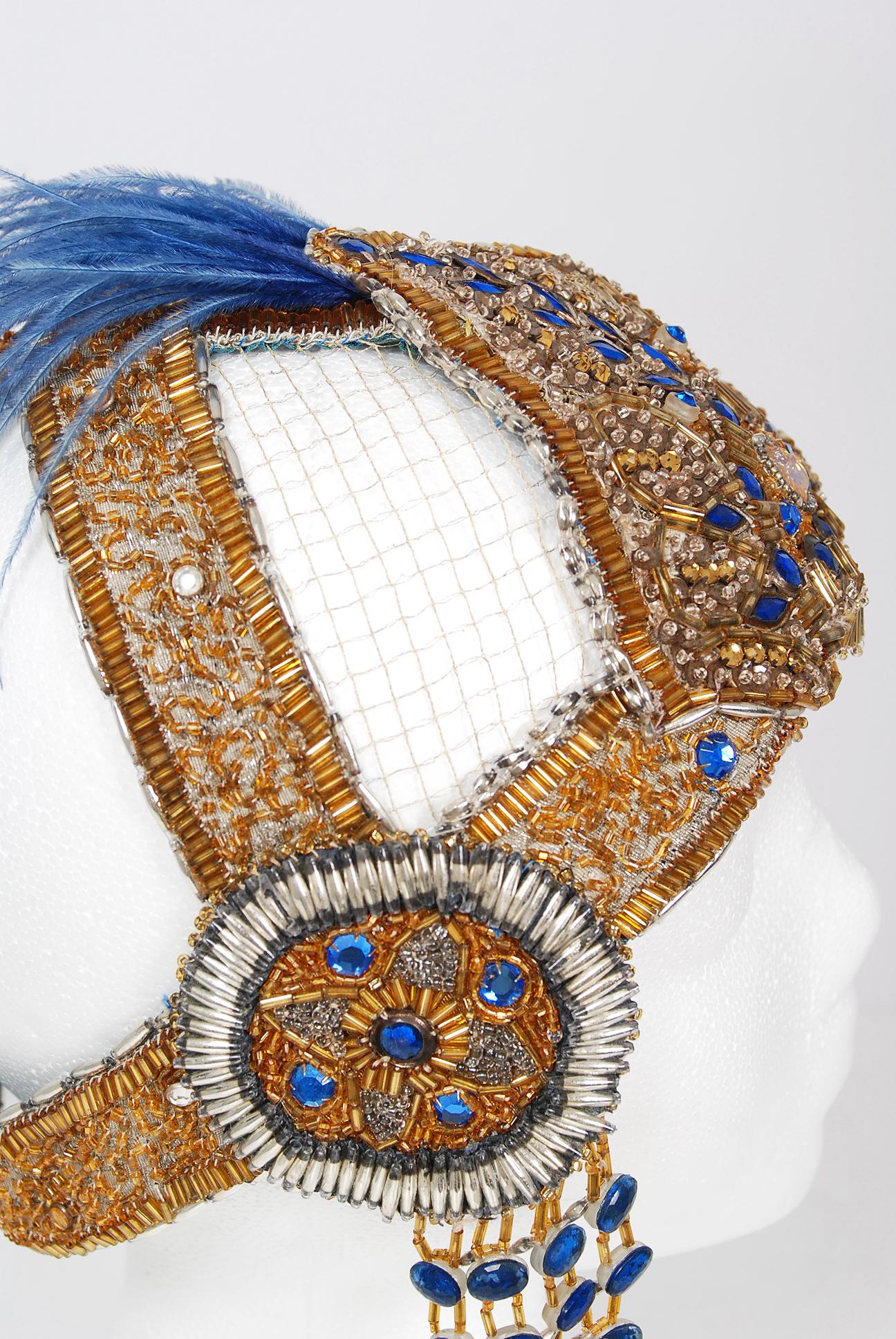 Vintage 1920's French Couture Gold Beaded Blue Jeweled Flapper Crown Headpiece  1