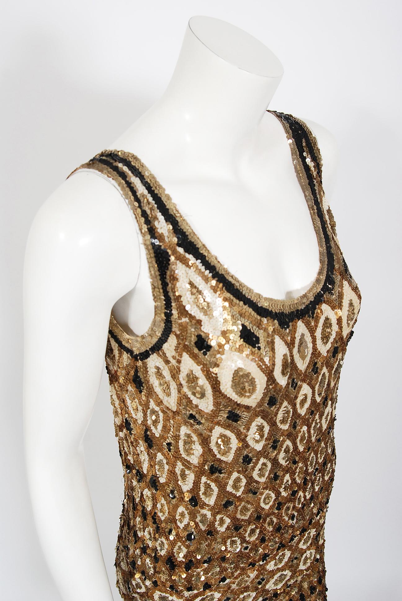 Beige 1920's French Couture Gold & Black Art-Deco Sequin Scalloped Flapper Dress 