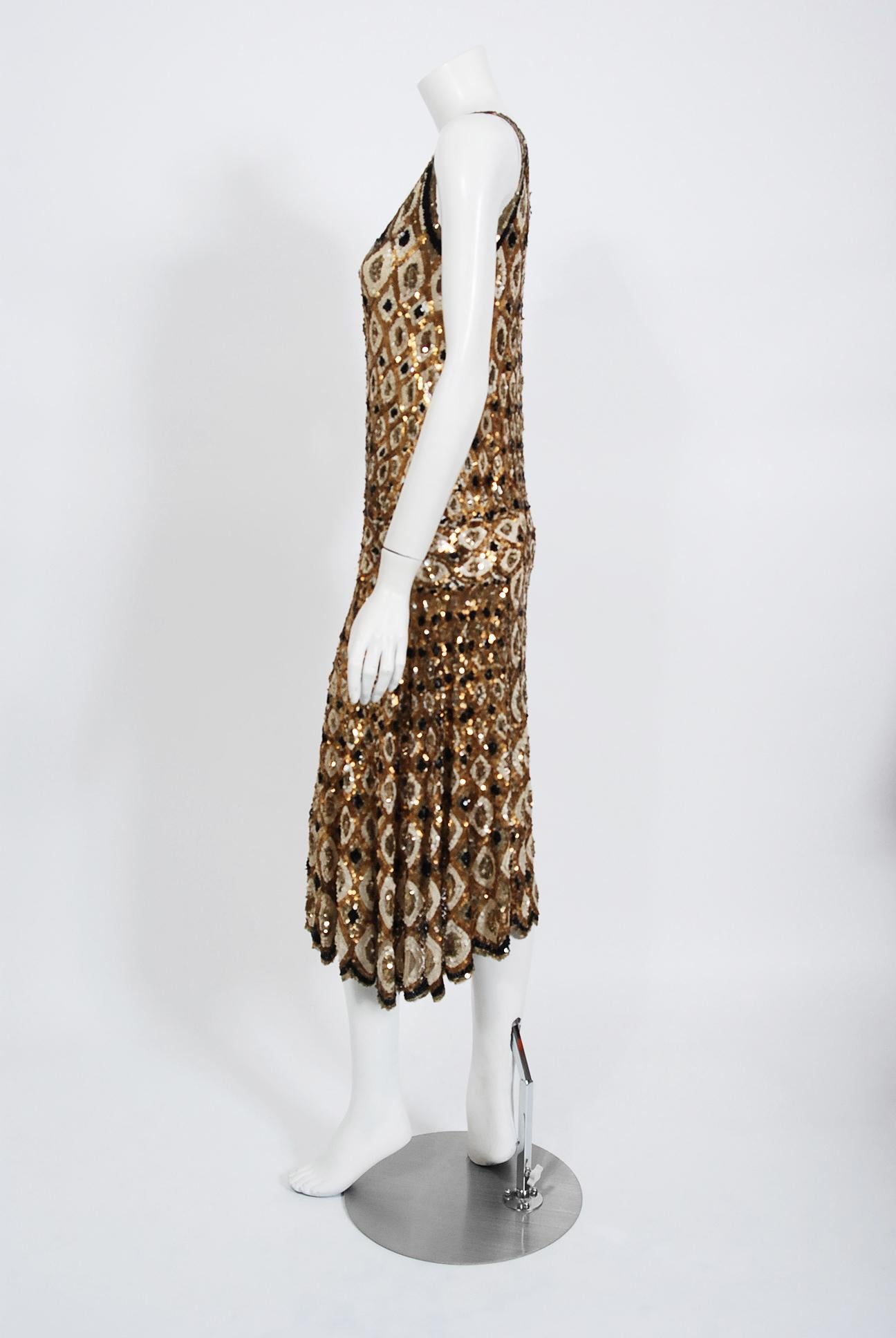 1920's French Couture Gold & Black Art-Deco Sequin Scalloped Flapper Dress  1