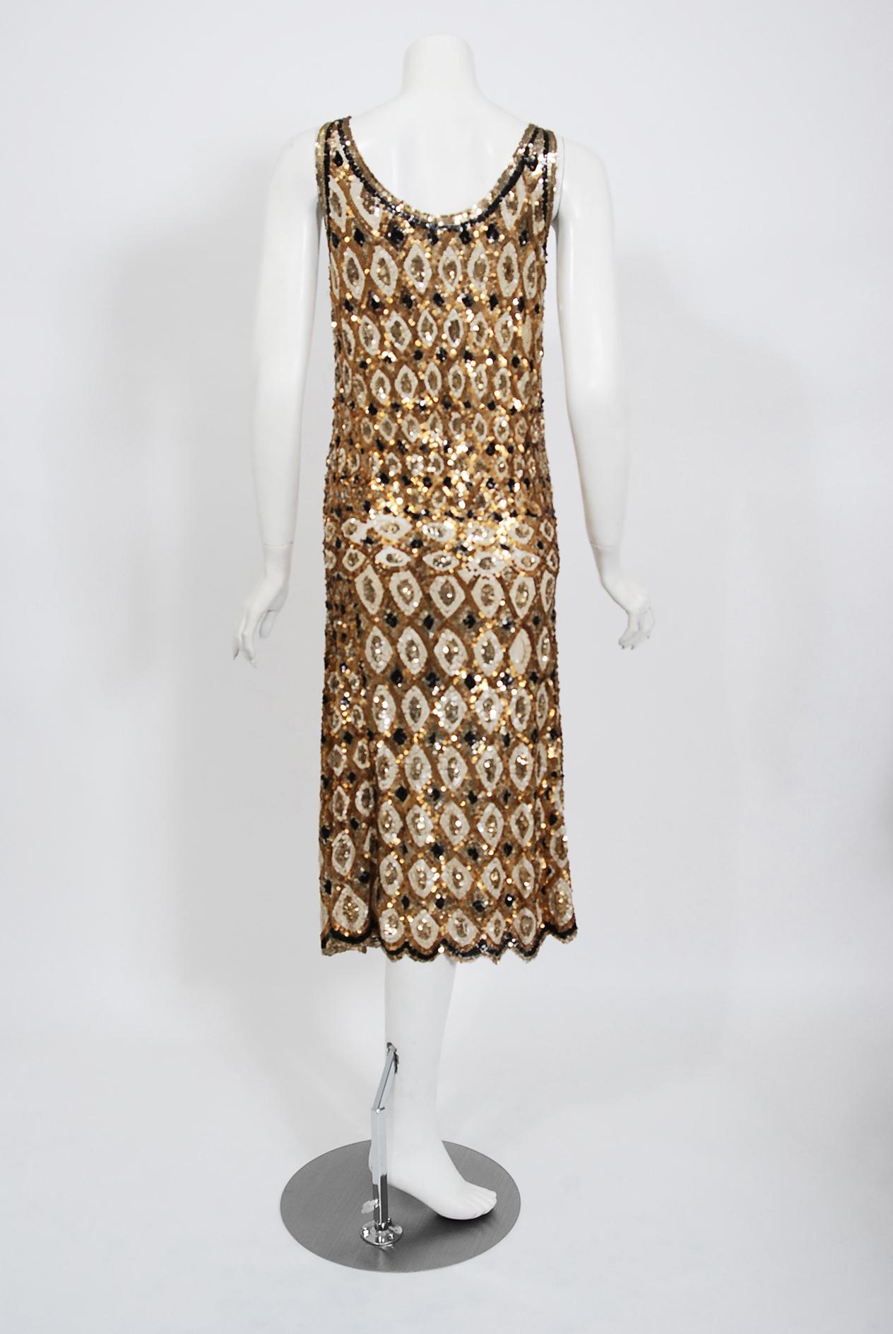 1920's French Couture Gold & Black Art-Deco Sequin Scalloped Flapper Dress  2