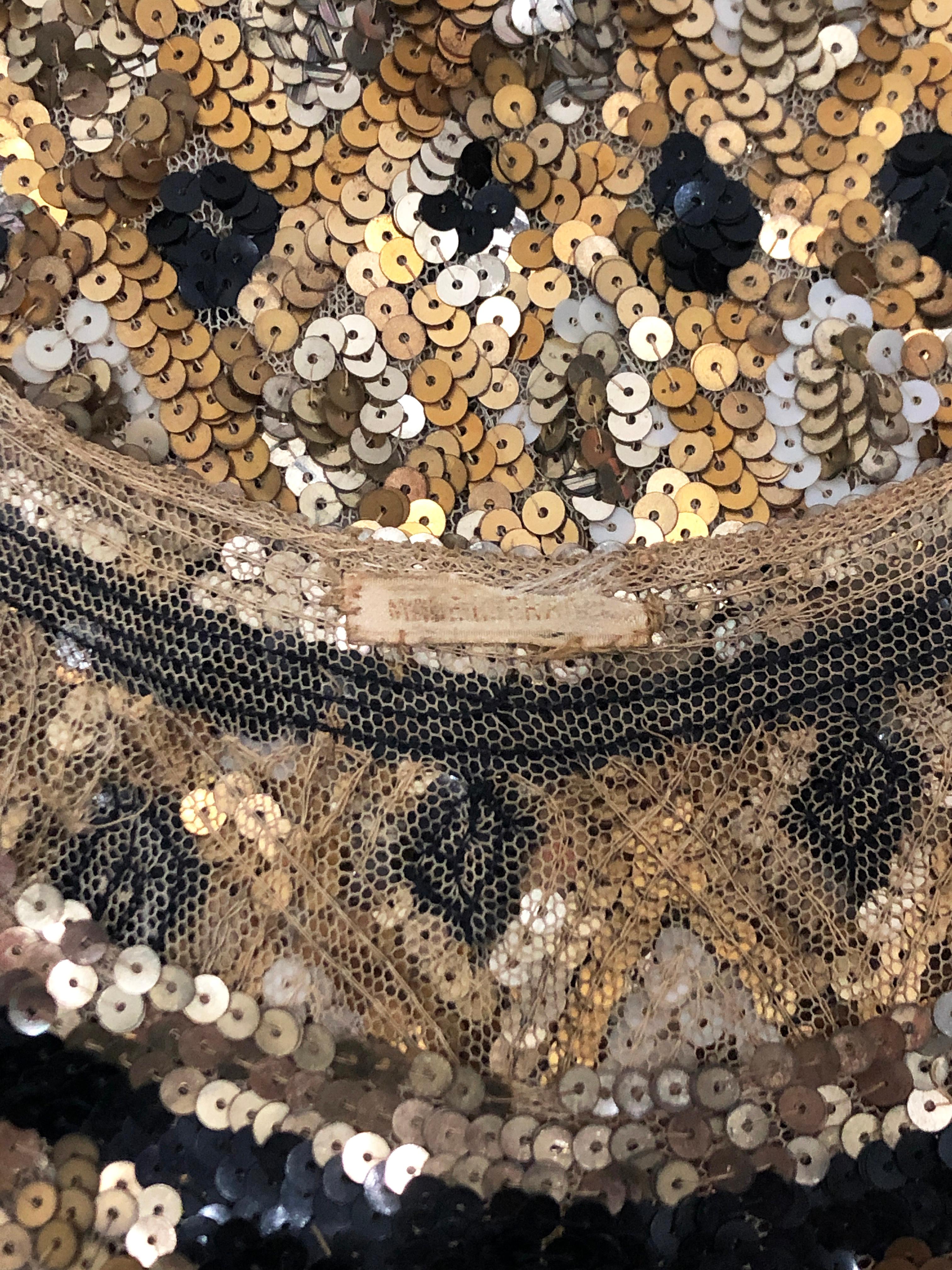 1920's French Couture Gold & Black Art-Deco Sequin Scalloped Flapper Dress  4