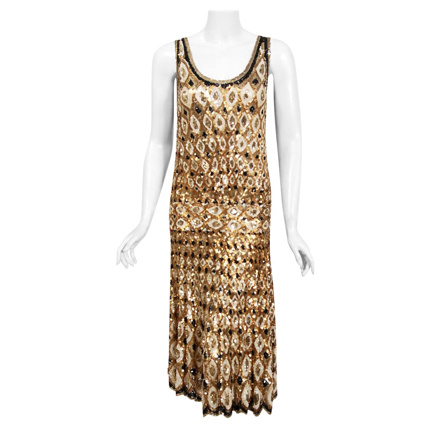 1920's French Couture Gold & Black Art-Deco Sequin Scalloped Flapper Dress 