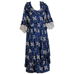 1920's French Couture Navy-Blue Deco Novelty Print Silk Avant-Garde Dress