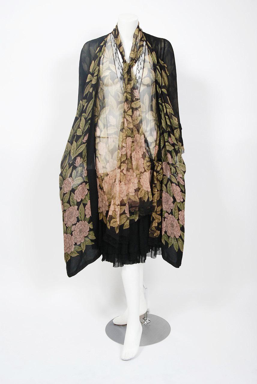 1920's French Couture Pink-Camellias Floral Chiffon Wrap Dress & Coat Ensemble 4