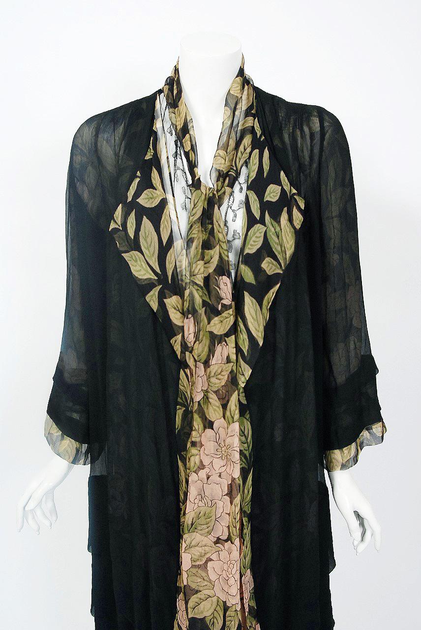 The breathtaking baby-pink and green camellias floral-garden print used for this late 1920's French chiffon ensemble has a fresh innocence that I find irresistible. The semi-sheer wrap dress has a beautiful low-cut plunge trimmed with high-quality