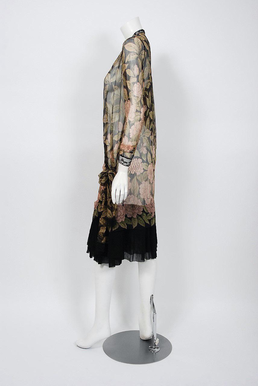 Black 1920's French Couture Pink-Camellias Floral Chiffon Wrap Dress & Coat Ensemble