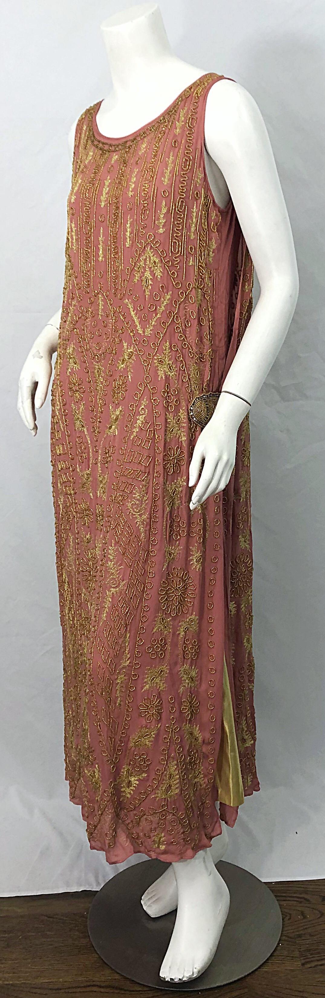 1920s French Couture Pink + Gold Beaded Gatsby Roaring 20s Vintage Flapper Dress 3