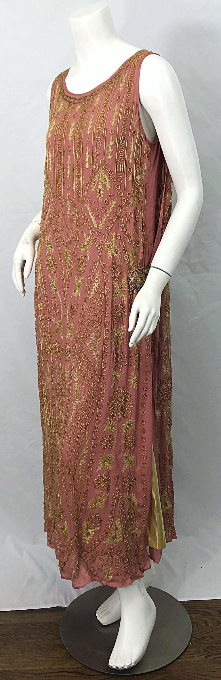 1920s French Couture Pink + Gold Beaded Gatsby Roaring 20s Vintage