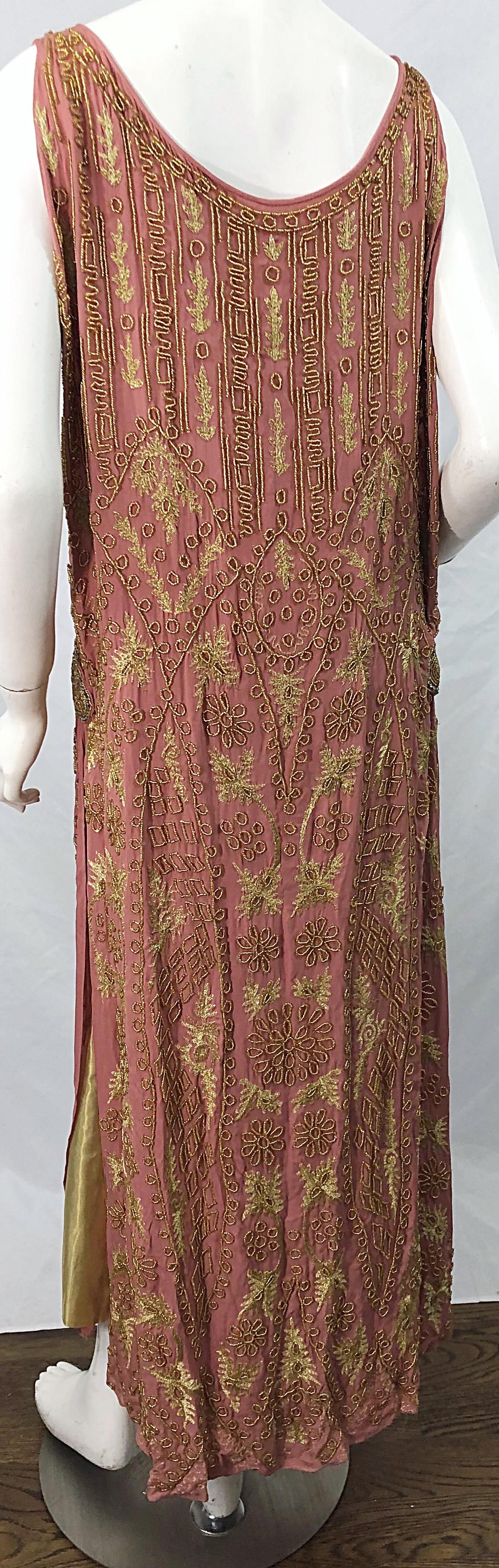 1920s French Couture Pink + Gold Beaded Gatsby Roaring 20s Vintage Flapper Dress 4