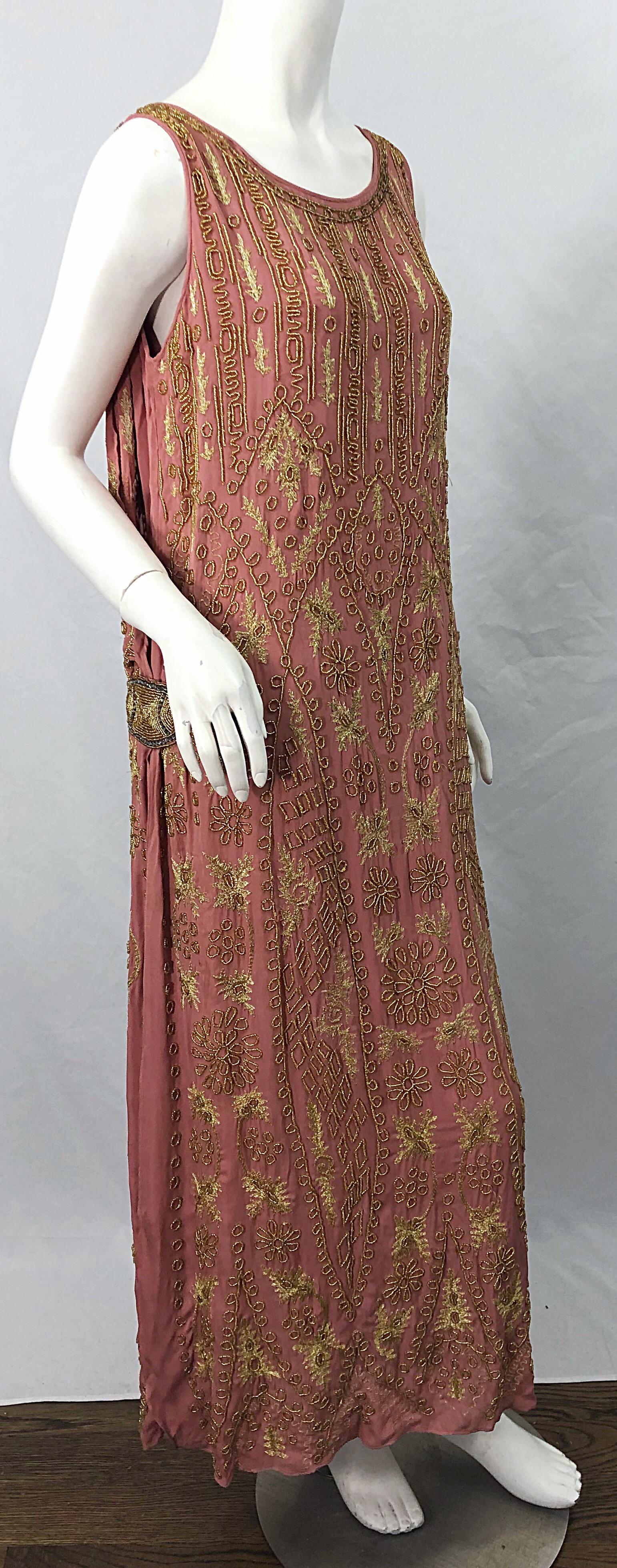 1920s French Couture Pink + Gold Beaded Gatsby Roaring 20s Vintage Flapper Dress 6