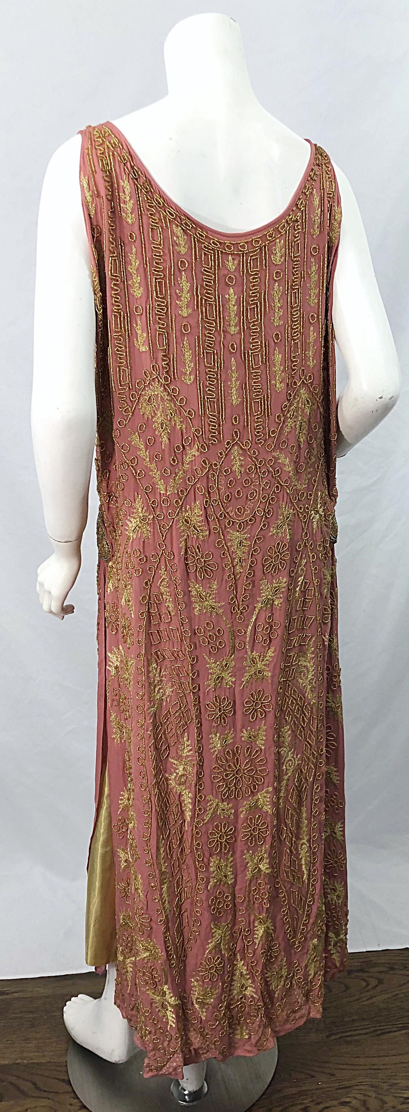 1920s French Couture Pink + Gold Beaded Gatsby Roaring 20s Vintage Flapper Dress 7