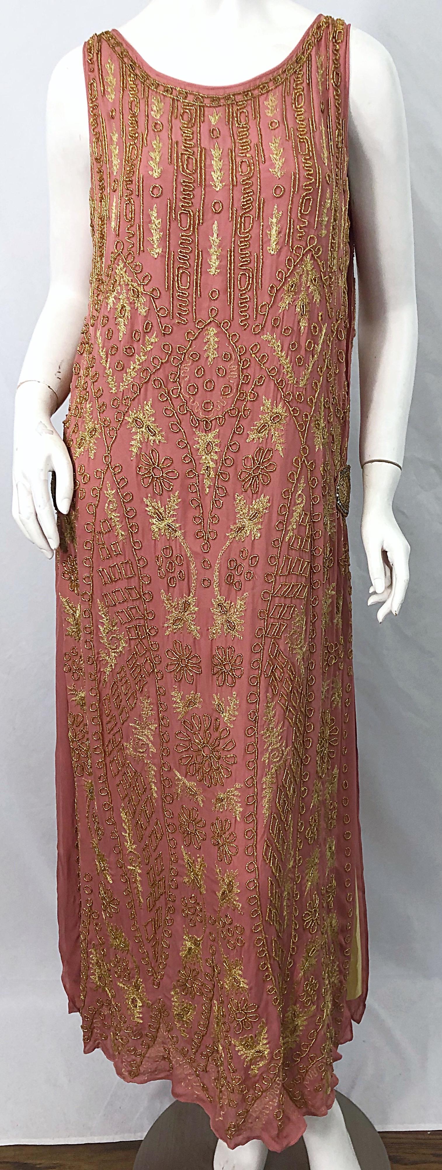 1920s French Couture Pink + Gold Beaded Gatsby Roaring 20s Vintage Flapper Dress 8