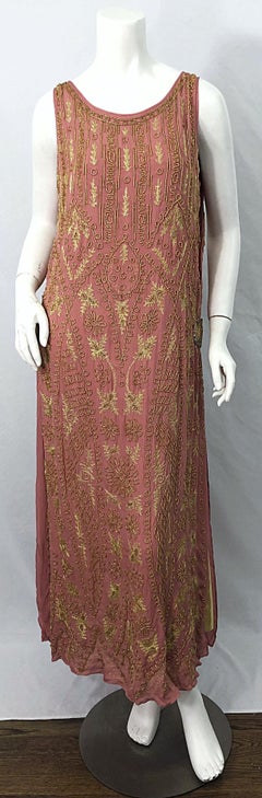 1920s French Couture Pink + Gold Beaded Gatsby Roaring 20s Vintage Flapper Dress