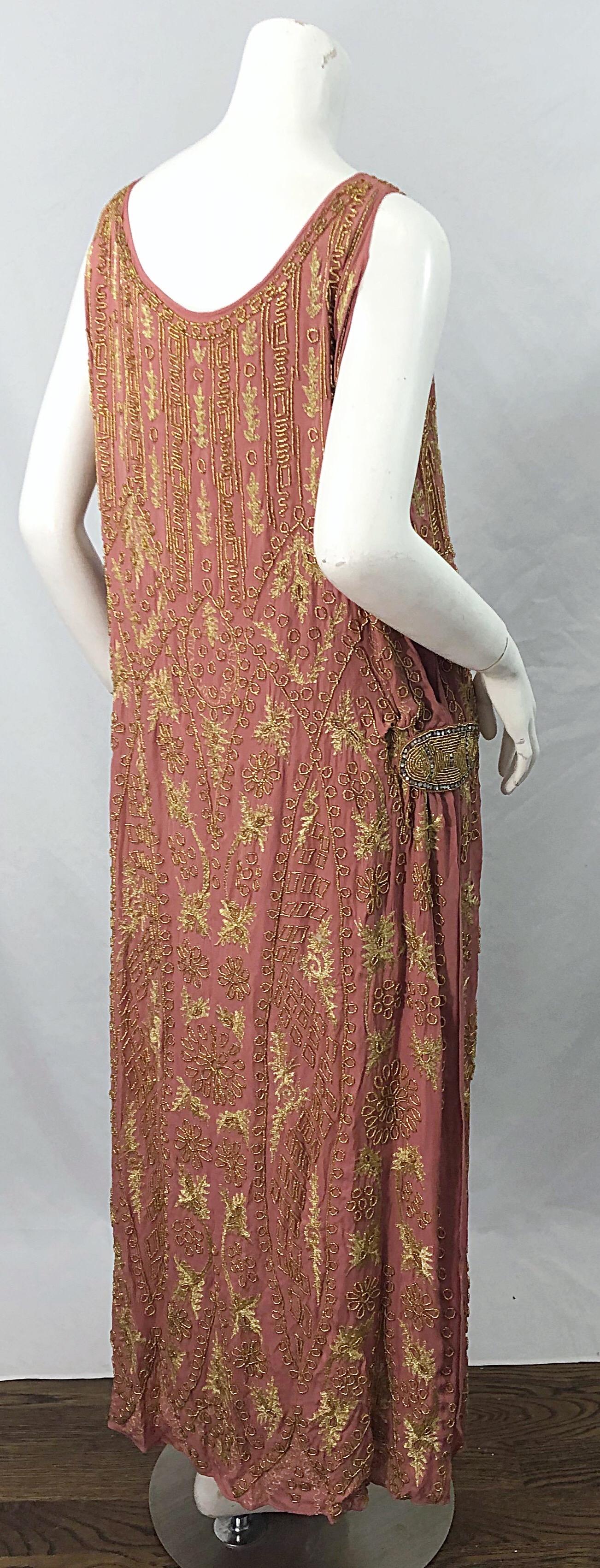 1920s French Couture Pink + Gold Beaded Gatsby Roaring 20s Vintage Flapper Dress In Excellent Condition In San Diego, CA