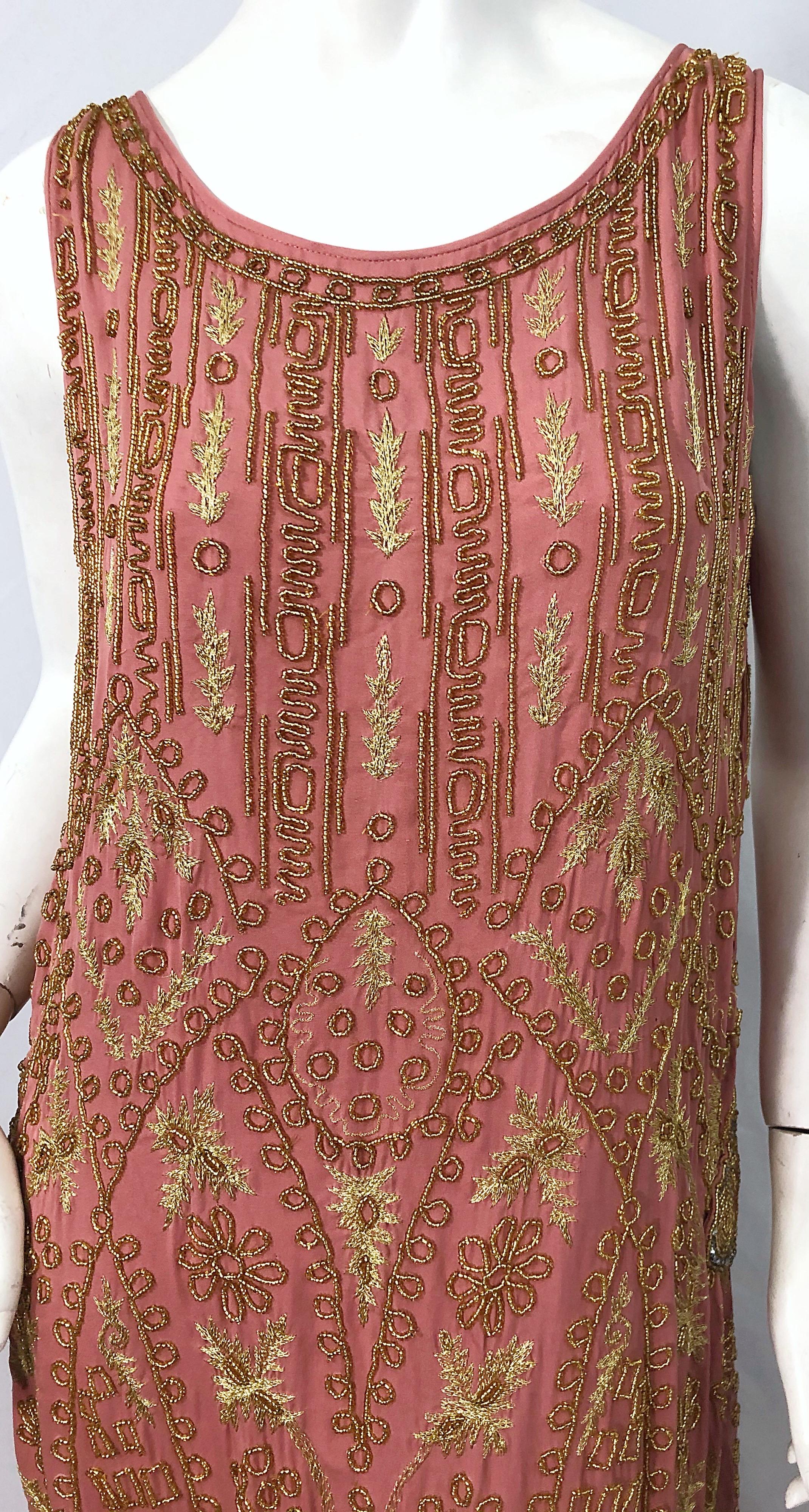 Women's 1920s French Couture Pink + Gold Beaded Gatsby Roaring 20s Vintage Flapper Dress