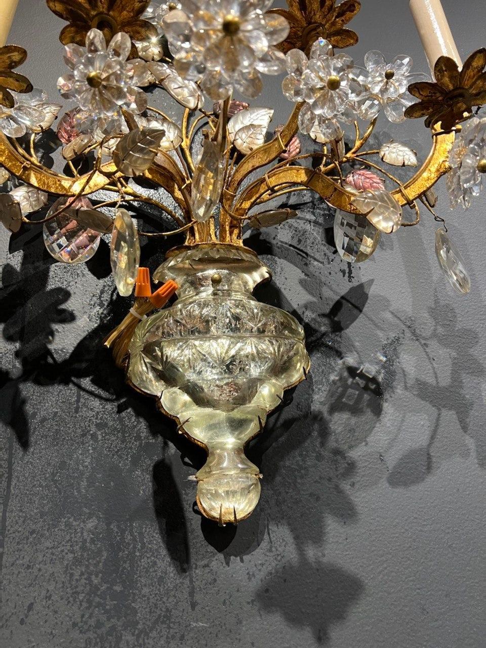 French Provincial 1920s French Crystal 5 Lights Sconces For Sale