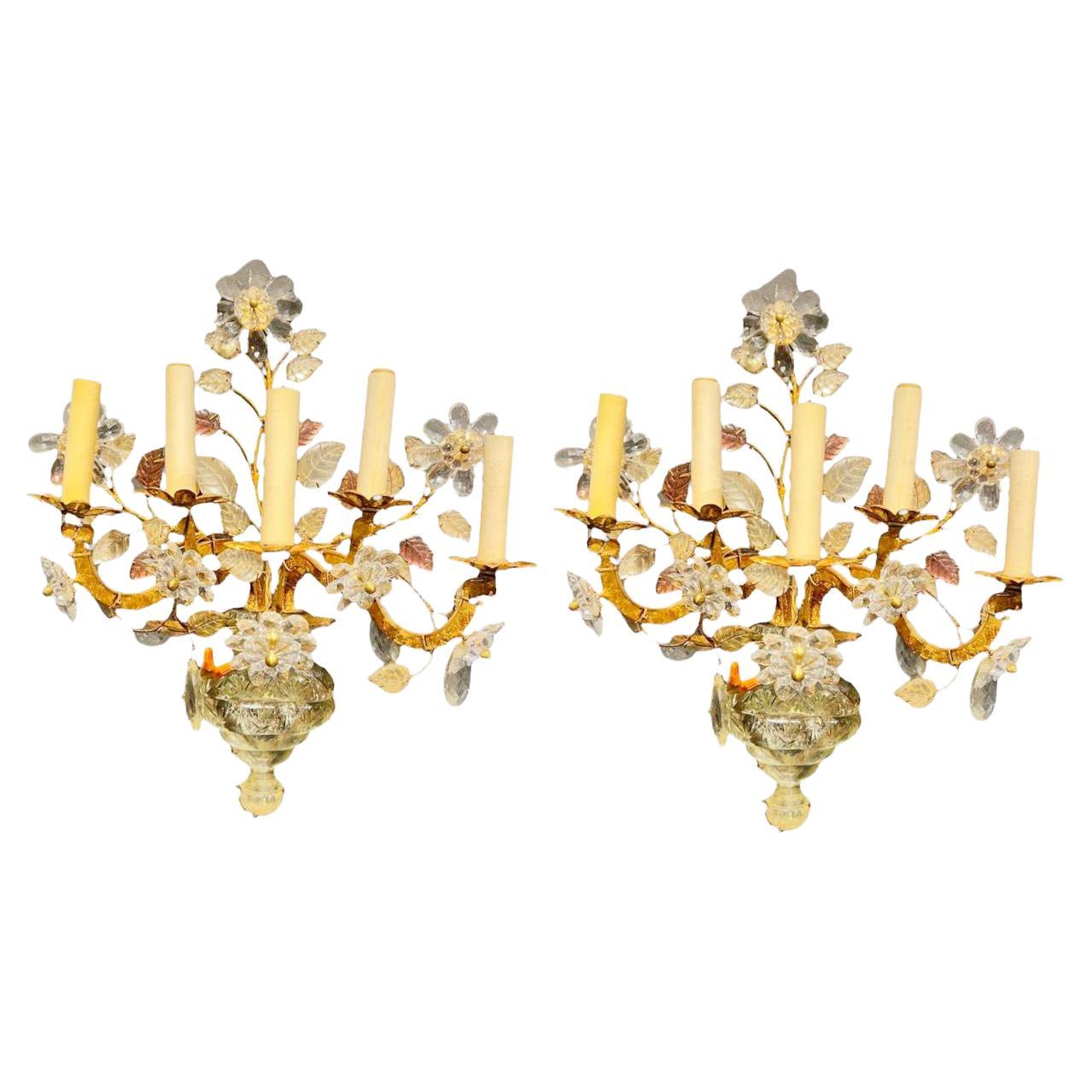 1920s French Crystal 5 Lights Sconces For Sale