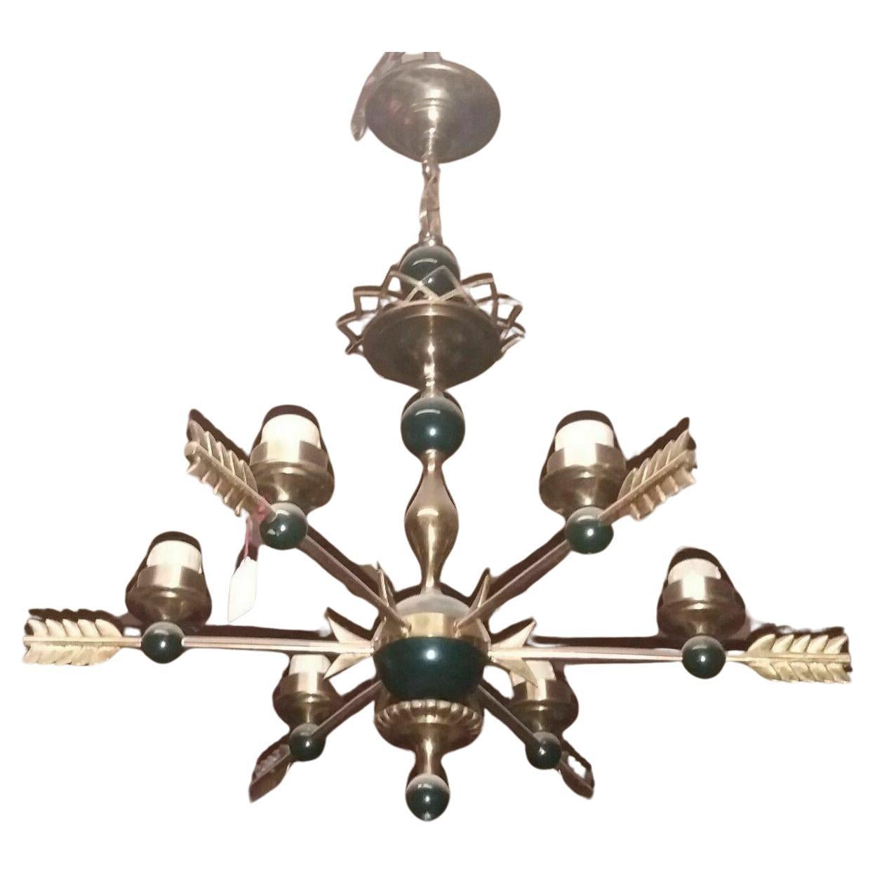 1920's French Empire/ Art Deco Quiver Gilt & Patinated Bronze Chandelier Bagues For Sale