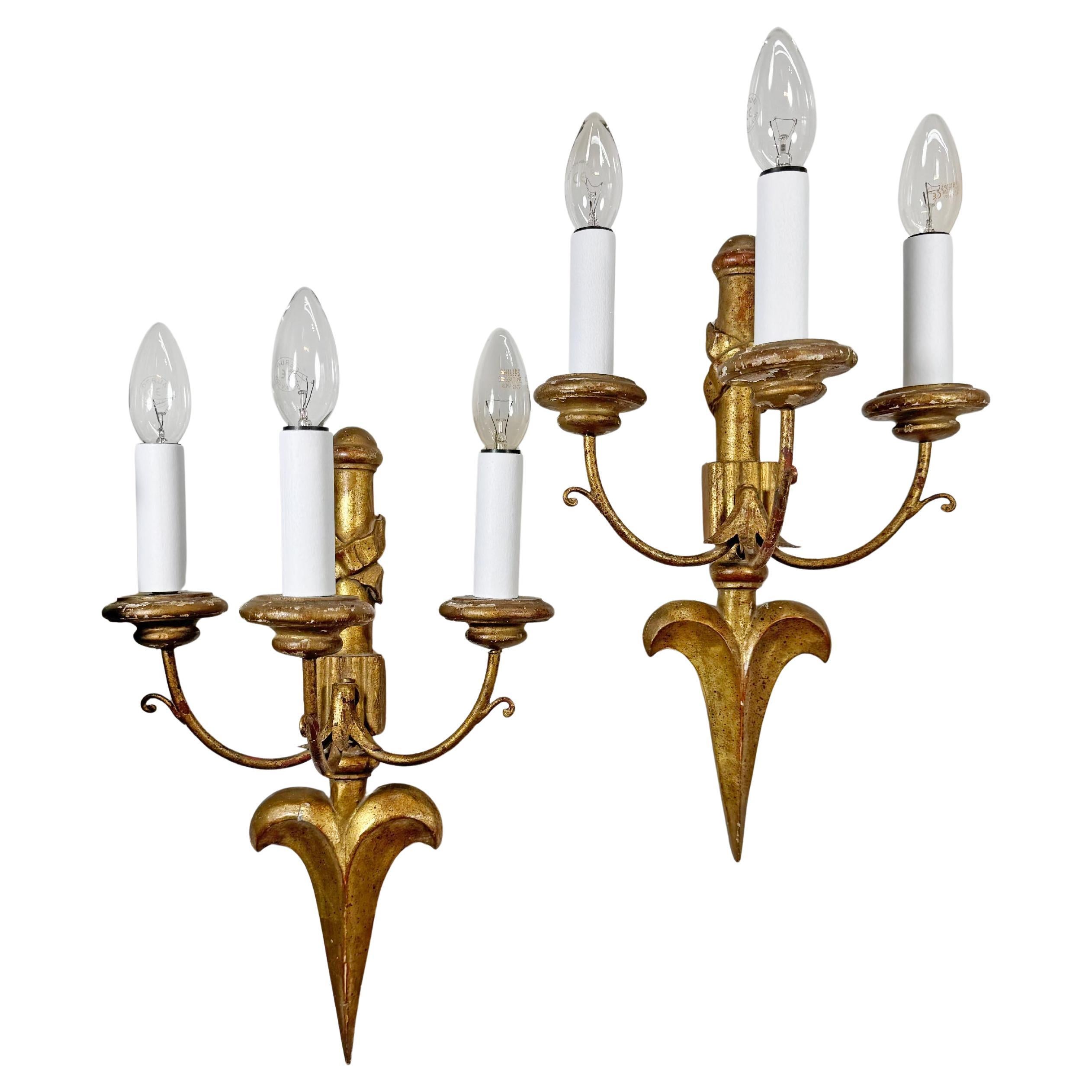 1920s French Empire Giltwood Arrow Wall Lights