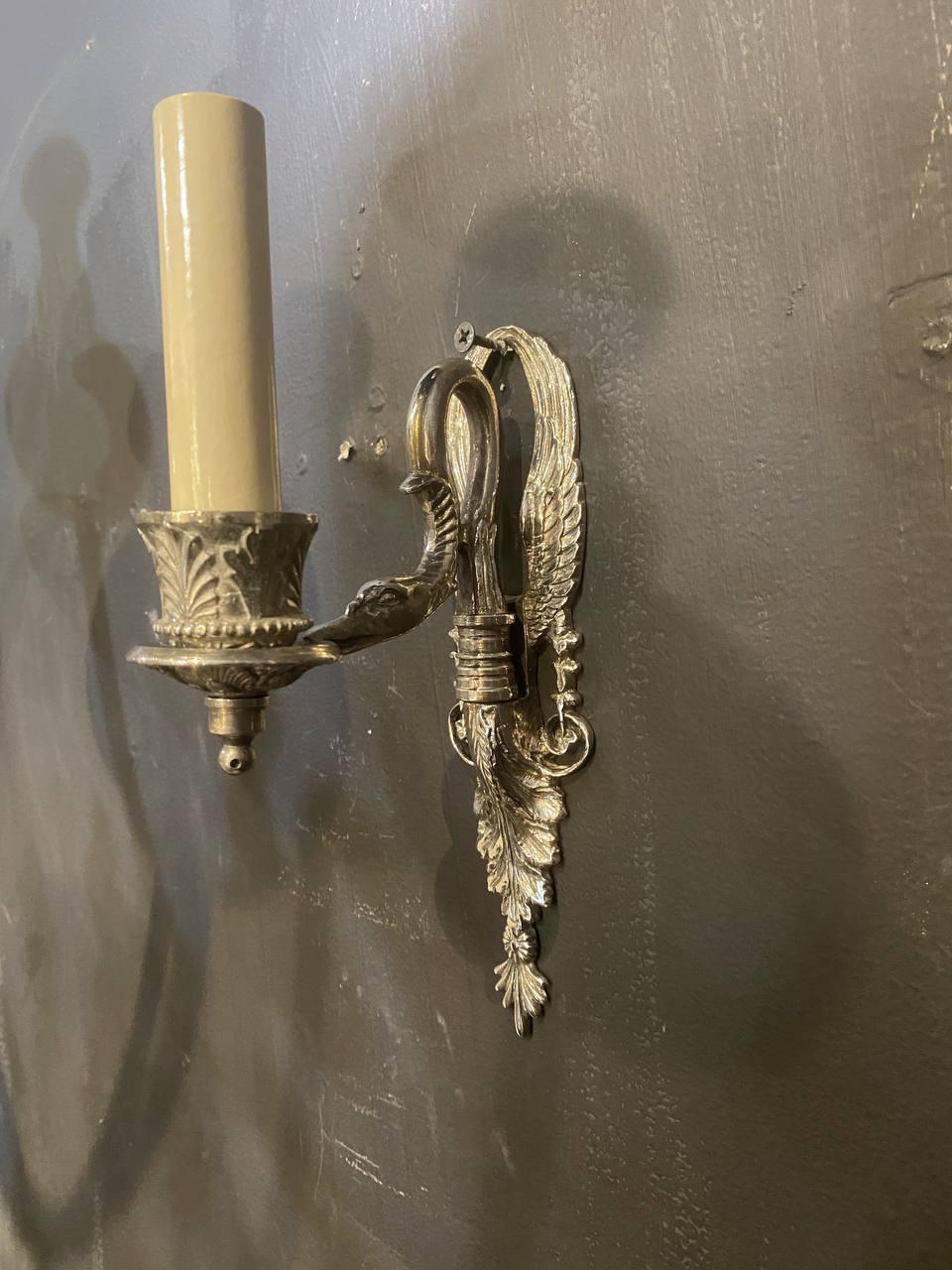 Plated 1920s French Empire Silver Swan one light Sconces For Sale