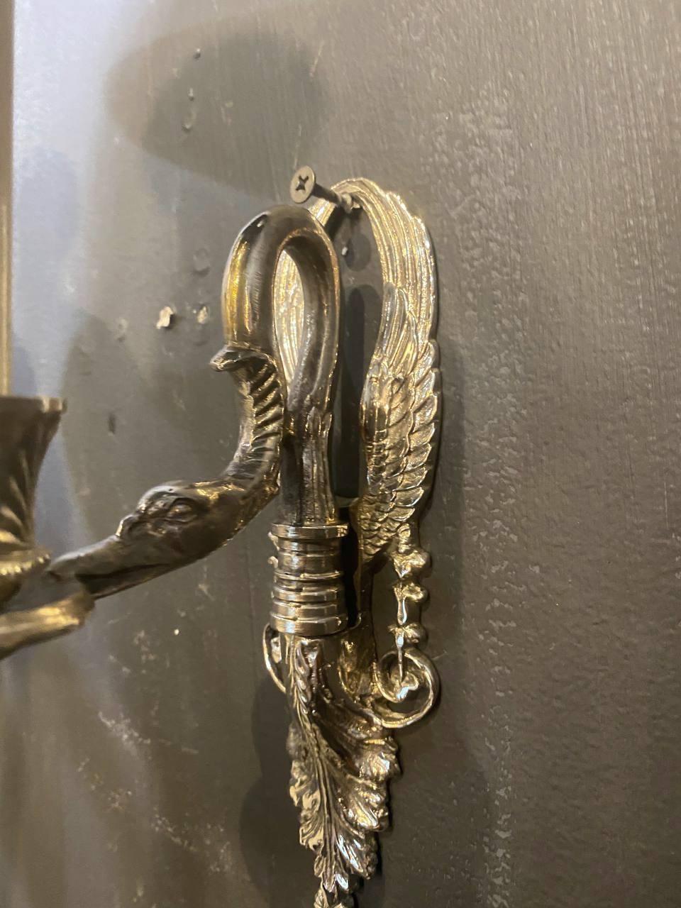 1920s French Empire Silver Swan one light Sconces In Good Condition For Sale In New York, NY