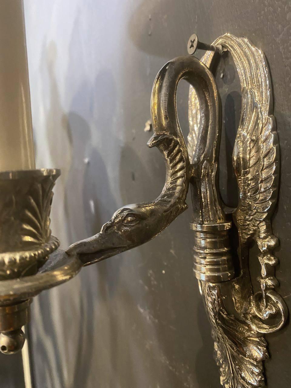 Early 20th Century 1920s French Empire Silver Swan one light Sconces For Sale