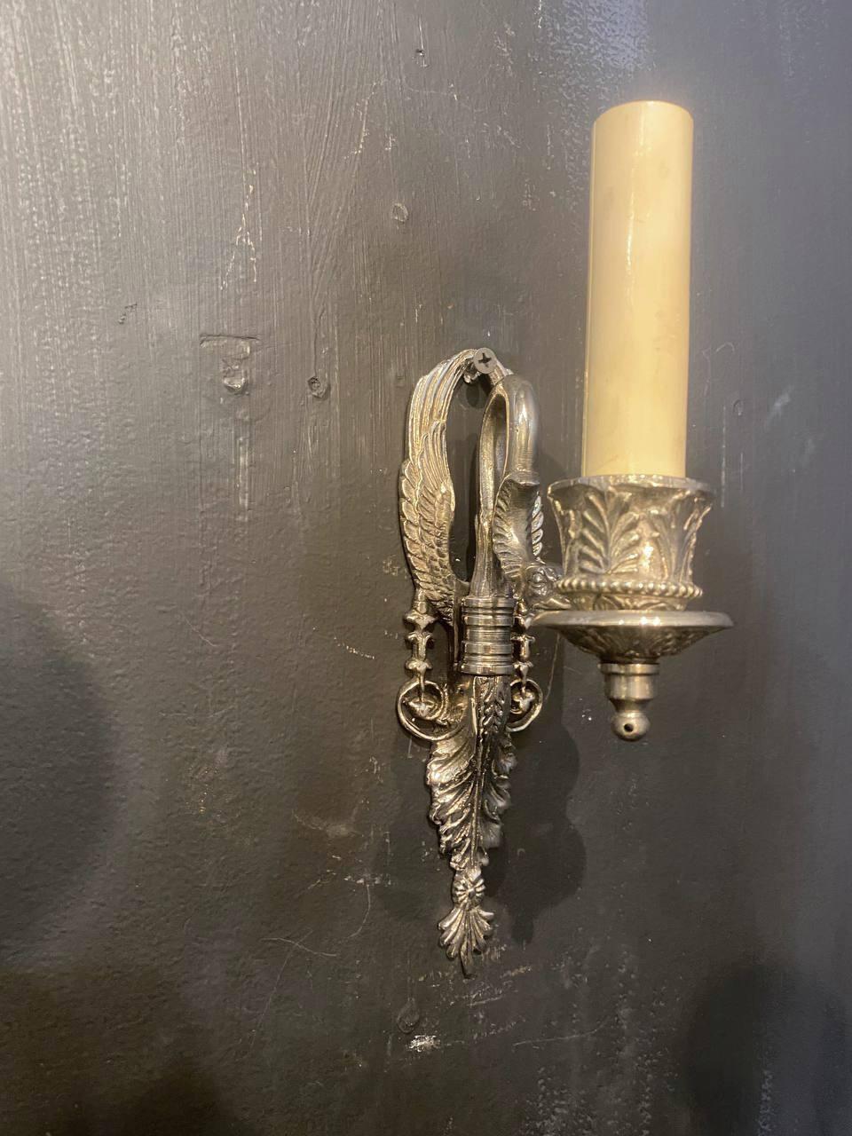 Silver Plate 1920s French Empire Silver Swan one light Sconces For Sale