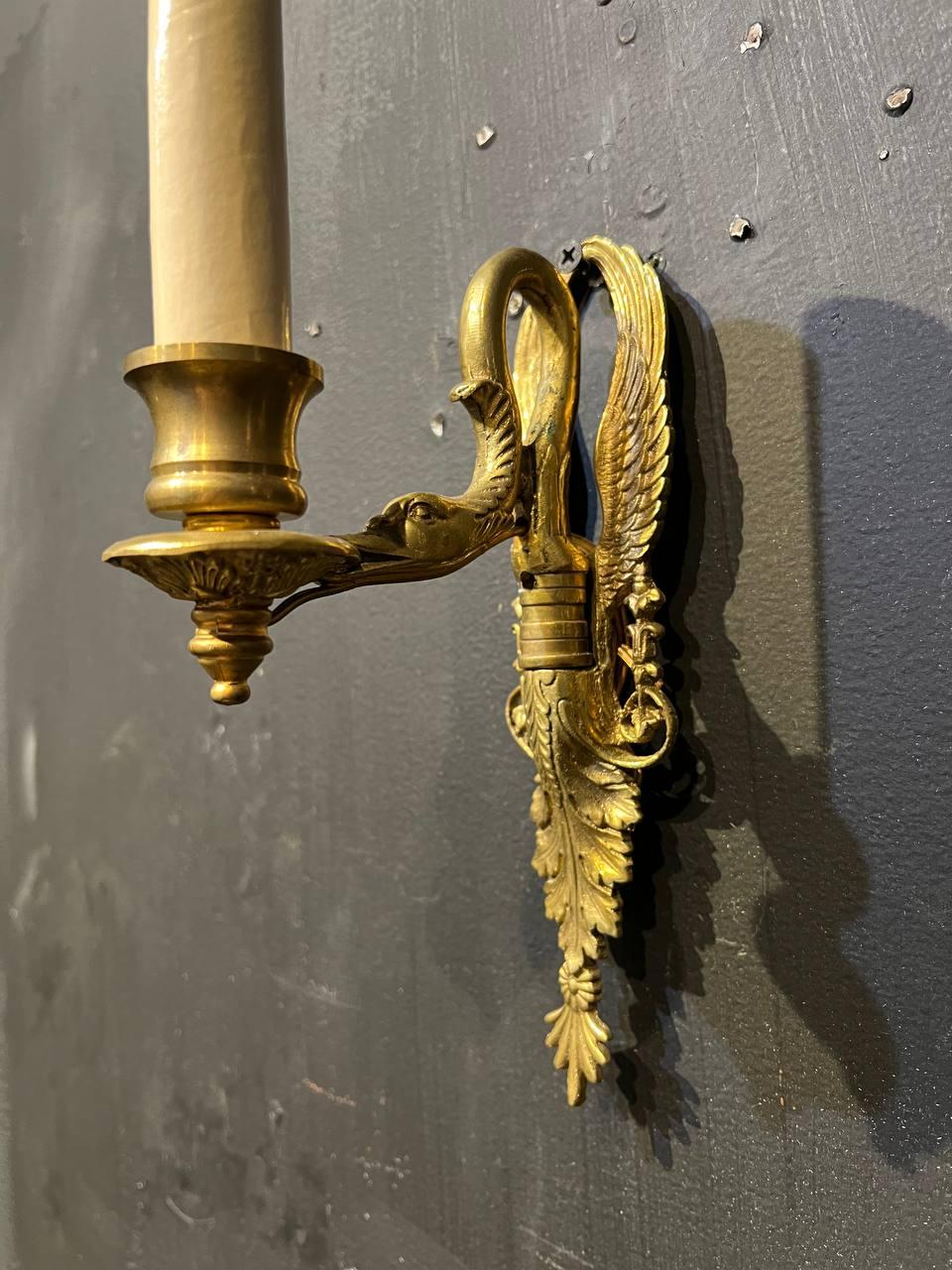 1920's French Empire Single Light Swan Sconces In Good Condition For Sale In New York, NY