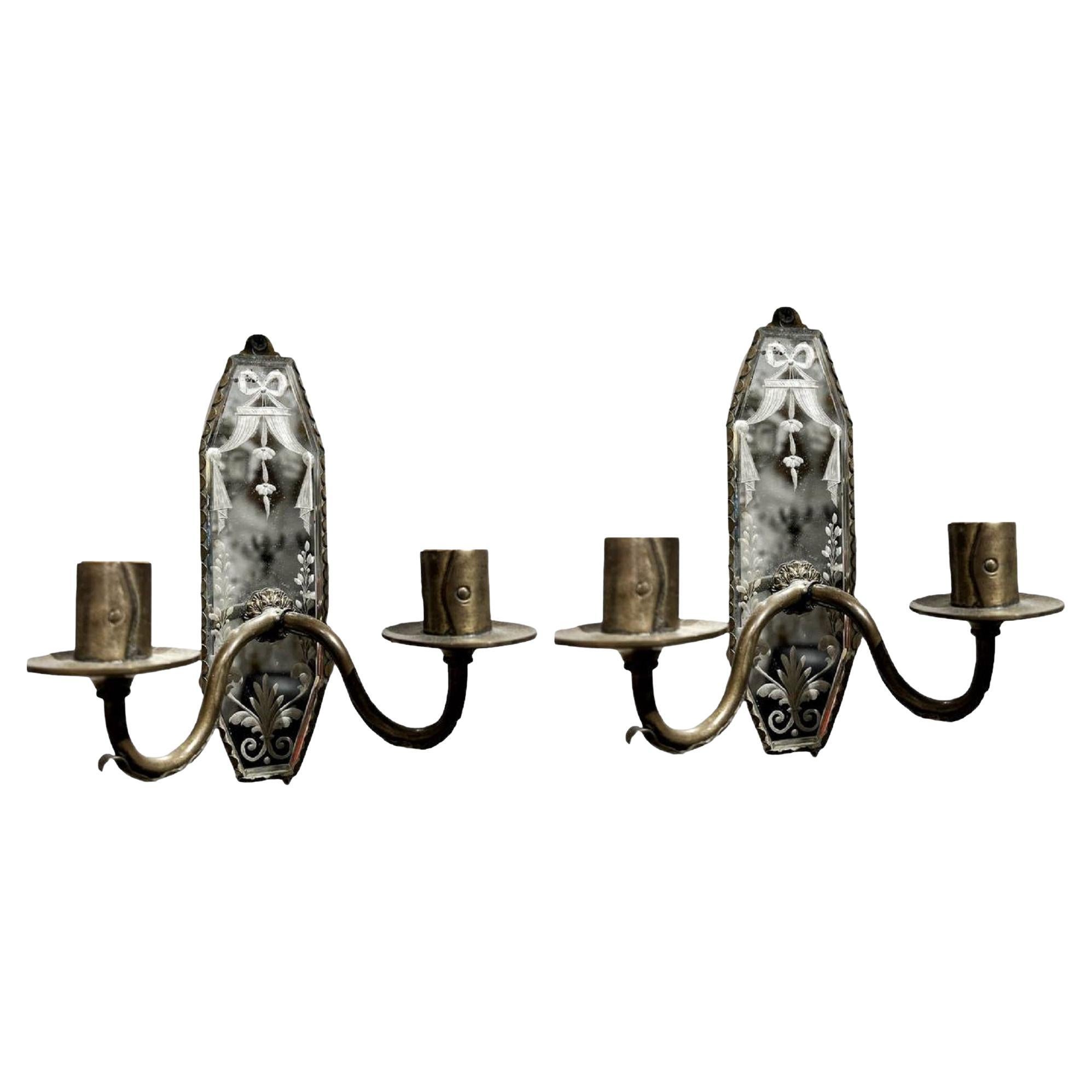 1920’s Small French Etched Mirrored Sconces