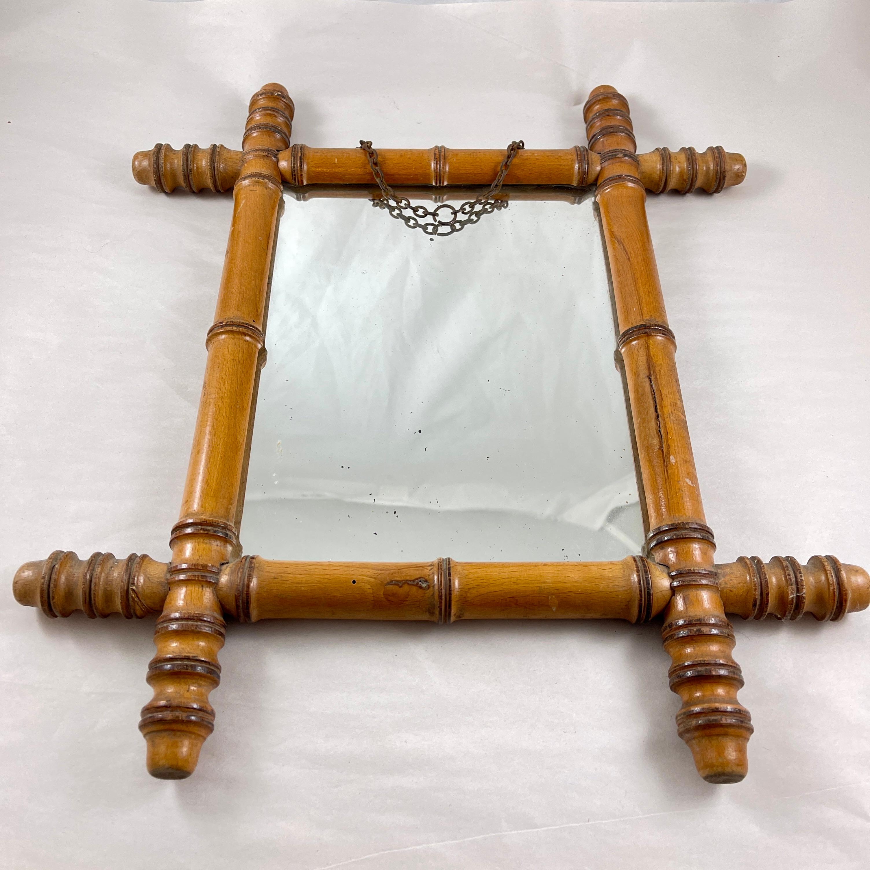 Hand-Crafted 1920s French Faux Bamboo Wood Framed Mirror
