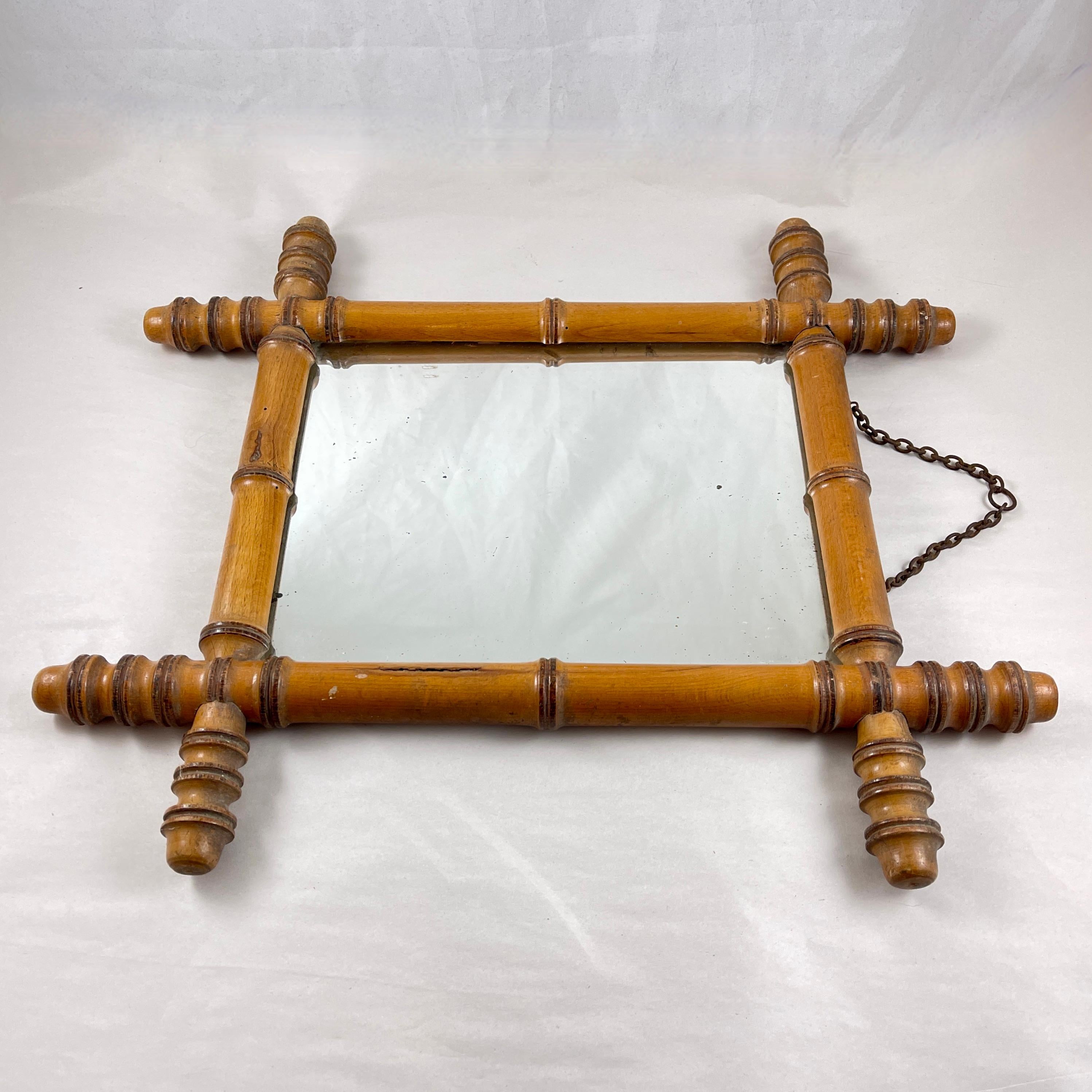 1920s French Faux Bamboo Wood Framed Mirror In Good Condition For Sale In Philadelphia, PA